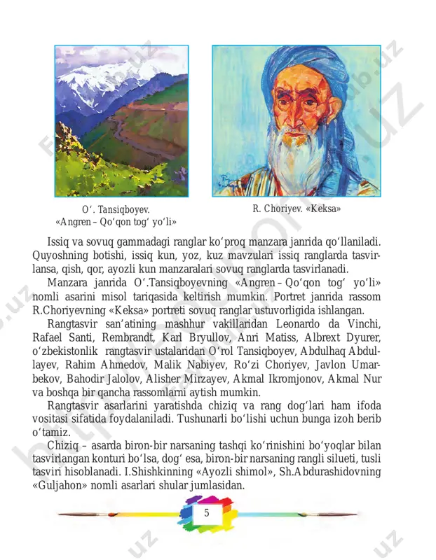 g. sultonovalar ning ijod- larini sanab o‘tish mumkin. tasviriy san’atning ifodaviy vositalari uning turlariga qarab turlicha bo‘ladi. masa- lan, rangtasvirda asosiy vosita sifatida rang muhim rol o‘ynasa, grafi kada chiziq, oq-qo- ra ranglar kontrasti, haykaltaroshlikda hajm, amaliy san’atda esa ritm, simmetriya, shakl va rangdan asosiy tasviriy vosita sifatida foydalaniladi. ularning barchasi uchun xos bo‘lgan asosiy vosita mavjud. bu kompo- zitsiyadir.j. umarbekov. «bobur» m. sodiqov. «ovul»l. ibragimov. «uzumzor» htt p:/ /ed up ort al. uz htt p:/ /ed up ort al. uz 11 kompozitsiyada, eng muhimi, asarning kompozitsion yechimi, mazmun- dorligi, tasviriy vositalardan to‘g‘ri va o‘rinli foydalanishi hisoblanadi. haykaltaroshlikda ifoda vositalari haykaltaroshlik asari yaratishda asosiy ifodaviy vosita sifatida hajm, plastika, material, fakturadan foydalaniladi. haykaltaroshlikda asosiy ifodaviy vosita uning hajmi hisoblanadi. u har tomondan ko‘rinadi. haykaltarosh likda ifodalanadigan asosiy obyekt – odam. haykaltaroshlik insondagi qah ramonlik, go‘zallik, buyuklikni gavdalantiradi va abadiy- lashtiradi. u qan day materialda ishlashni o‘ylangan g‘oya va obrazga mos …