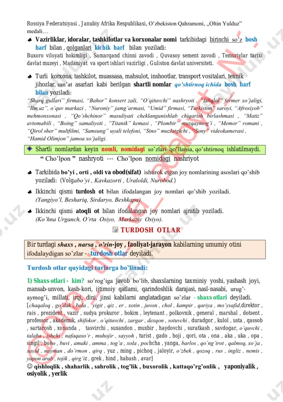 mchasi o’rin-jioy ma’nosini ifodalovchi atoqli va turdosh otlar qo’shilib , shaxsning shu hududga mansubligini ifodalaydi: shofirkon+lik , qishloq+lik , -lik qo’shimchasi o’rin-joy ma’nosini ifodalovchi atoqli otlarga qo’shilib uni turdosh otga aylantiradi: qo’qon+lik === qo’qonlik 1. shaxs oti yasovchi qo’shimchalar -chi suvchi, traktorchi, ishchi, qiziqchi -furush baliqfurush, telpakfurush, nosfurush -gar zargar, savdogar, afsungar, misgar -xo’r nafaqaxo’r, merosxo’r, sudxo’r -soz soatsoz, tandirsoz , kemasoz -shunos huquqshunos, tabiatshunos -kor paxtakor, shifokor, san’atkor ham- hamkasb, hamqishloq, hamshahar -xon kitobxon , gazetxon , namozxon , -paz oshpaz, somsapaz, kabobpaz -dosh vatandosh, sinfdosh , kasbdosh -dor hukmdor , muhrdor , mulkdor -boz dorboz , qimorboz , kapterboz -do’z kashtado’z , etikdo’z , zardo’z -lik qishloqlik , shaharlik , navoiylik , -kash aravakash , suratkash , qalamkash -bin folbin, tomoshabin -dak yugurdak -bon tarozibon , darvozabon , bog’bon -kov go’rkov -voy novvoy (asli non+voy) -uvchi yozuvchi , uchuvchi , quruvchi -gir fazogir , jahongir , olamgir -vchi …