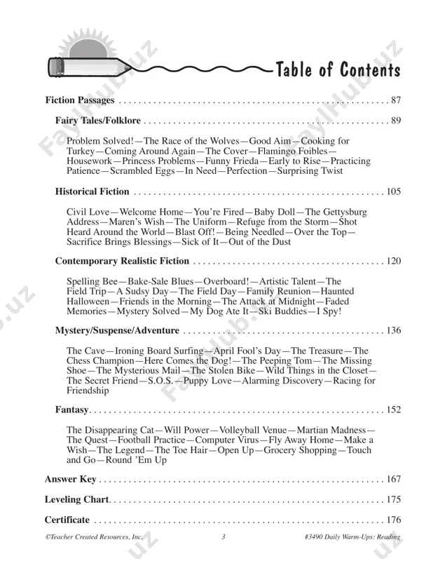 s also divided into five categories. these categories are fairy tales/ folklore, historical fiction, contemporary realistic fiction, mystery/suspense/adventure, and fantasy. each story is followed by questions to stimulate thinking about the plot, characters, vocabulary, and sequence. comprehension questions comprehension is the primary goal of any reading task. students who comprehend what they read perform better both on tests and in life. the follow-up questions after each passage are written to encourage students to improve in recognizing text structure, visualizing, summarizing, and learning new vocabulary. each of these skills can be found in scope-and-sequence charts as well as standards for reading comprehension. the different types of questions in daily warm-ups: reading are geared to help students with the following skills: • recognize the main idea • identify details • recall details • summarize • describe characters and character traits • classify and sort into categories • compare and contrast • make …