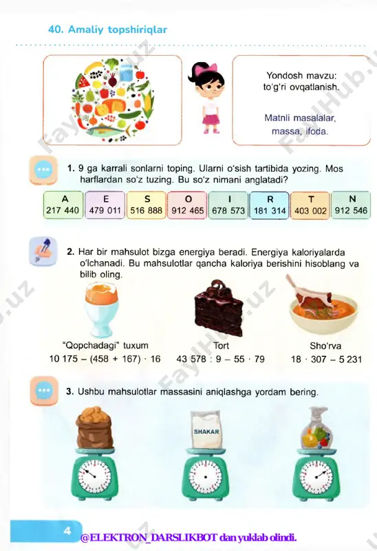 kesmani e = 2 cm deb olib, koordinata nuri yasang. unda >4(4), 8(8) nuqtalarini belgilang. oa, ob kesmalarning uzunliklarini birlik kesmalarda, santimetr va millimetrlarda toping. 4. sayr vaqtida bolalar yo'lakchaga bo‘r bilan sonli nur chizishdi. nurning har 50 cm da shtrixlar qo'yishdi. aziza nurning boshiga kelib turdi. umida azizadan hisoblaganda yettinchi shtrixga, sardor esa azizadan ikki metr masofaga borib turdi. umida azizadan, sardor esa umidadan qanday masofada turibdi? 5. kompleks masalalarni yeching. a) agar e - 5 mm bo'lsa, koordinata nurida 0(0), /4(4), 6(12), c(10) nuqtalarni belgilang. b) oa, ob, os kesmalarning uzunliklarini birlik kesmalarda, santimetr va millimetrlarda toping. d) qaysi (a, v yoki c) nuqta qolgan ikkita nuqta orasida yotadi? qaysi nuqta boshqalaridan chapda, qaysi nuqta boshqalaridan o'ngda yotadi? e) nur boshidan 7 cm masofada d nuqtani belgilang. d nuqtaning o'rnini aniq ko'rsata olasizmi? f) v nuqtadan 4e masofada e nuqtani belgilang. bu nuqtani sonli nurda aniq qo'ya olasizmi? …