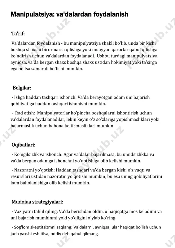 qurol sifat- ida ishlatishi mumkin. - hissiy manipulyatsiya: sukunatdan maqsadda qo'rquv, noaniqlik yoki tashvish kabi ma'lum hissiy reaktsiyalarni qo'zg'atish uchun foydalanish mumkin. oqibatlari: - ko'ngilsizlik va stress: sukunat jabrlanuvchida umidsizlik va stressni keltirib chiqarishi mumkin, ayniqsa ular xatti-harakatlarining sababini tushunmasalar. - munosabatlarga salbiy ta'sir: doimiy sukut saqlash ishonchning buzilish- iga va manipulyator va uning qurboni o'rtasidagi munosabatlarning yomonlashishiga olib kelishi mumkin. - boshqarishni yo'qotish: jabrlanuvchi o'zini himoyasiz his qilishi yoki ma- nipulyator bilan aloqa etishmasligi tufayli yo'qolishi mumkin. mudofaa strategiyalari: - chegaralarni belgilang: aniq chegaralarni belgilang va sukunat orqali o'zingizni boshqarishga yo'l qo'ymang. muloqotga oid talab va ehtiyojlar- ingizni ifoda eting. - to'g'ridan-to'g'ri aloqa manzili: manipulyatorga to'g'ridan-to'g'ri murojaat qilishga harakat qiling va u nima uchun bunday vaziyatda sukunatni tan- laganini so'rang. - o'z-o'zini hurmat qilishni kuchaytiring: o'zingizni hurmat qilish va o'zingizga bo'lgan ishonchni rivojlantiring, shunda sukunat orqali manip- ulyatsiyaga berilmaysiz. maxsus foydalanish: misol uchun, manipulyator jabrlanuvchining o'zini aybdor yoki himoyasiz …