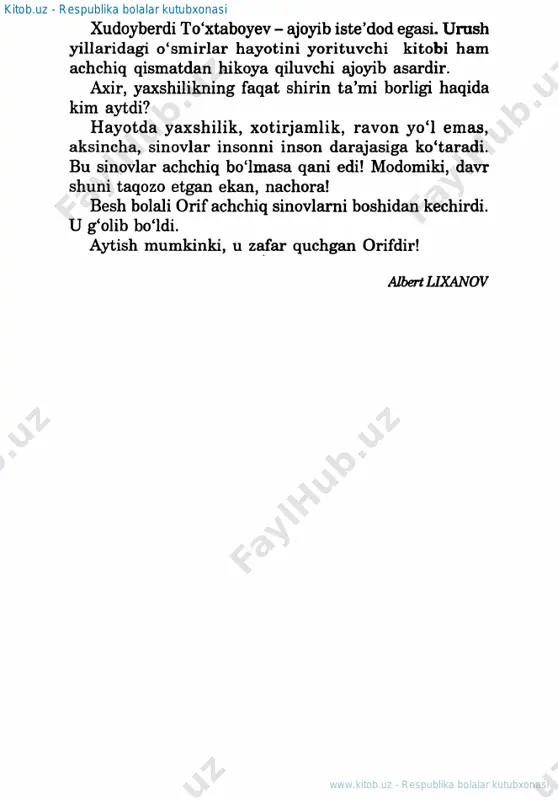 hdan gaytib kelguniga gadar yetib ortadigan o'tin tayyorlab chigadi. qyisining xatti-harakatlari va giliglariga bir e'tibor bering. butun umri mehnat bilan o'tgan bu ayolning oyog`ida doimo «kerza etik, erkakiarning paxtali shinli, egnida serpaxta fufayka, boshida qulogchin, yuzlari kir, qo'llari roy» bo`1ib yuradi. u eriga chagiruv gog`ozi kelgarnda uni hijjalay-hijjalay o'qib chigadi-da, huzur gilib non chaynayotgan o'g'li omonning kir boshiga yuzini bosib, o `y surib ketadi. uyqusizlikdan traktorning tagida golib ketgan bu ayolning obrazi uzoq vagt kitobxonning xotirasida saglanib goladi. adib hayotiy bo'yoqlar va ranglardan juda ham o'rinli foydalanadi. shu sababli romanda yaratilgan ayrim obrazlar va kartinalar yozuvchining mahorati tobora 7 www.kitob.uz - respublika bolalar kutubxonasi kitob.uz - respublika bolalar kutubxonasi takomillashib borayotganligini ko`rsatib turibdi. men bu o'rinda urushda bir oyog'ini yo'qotib kelga.n, general bilan go`1 berib so`rashganligini pesh gilib gapirib yuradigan to ̀ ron amakini ham, darsda afandi latifalarini aytib beradigan roziq amakini ham, ona-bola raisni ham, har gapining birida «mozori …