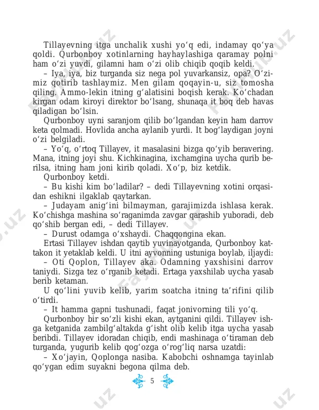 ing holidan xabar olib turdi. doktorlar endi bo‘lmadi, pensiyaga chiqing, deb maslahat berishgandan keyin tillayev ministrlikka ariza yozib, ishdan bo‘shatishlarini so‘radi. mi- nistrlik uning talabini qondirib o‘rniga boshqa direktor tayinladi. qurbonboy o‘sha kuni kelib, qoplonni aylantirgani olib chiqib ketdi-yu, qaytib kelmadi. tillayev qoplonga ancha o‘rganib qolgan ekan, to yarim kechagacha ikki ko‘zi to‘rt bo‘lib itni poyladi. yo‘q, qoplon bedarak ketdi. qurbonboy ham qorasini ko‘rsatmay qo‘ydi. oradan anchagina vaqt o‘tdi. tillayev hassaga tayanib ko‘cha aylangani chiqdi. bir mahal qarasa, ko‘chaning narigi betida 7 qurbonboy qoplonni yetaklab yuribdi. chaqirsa it qaradi-yu, qurbonboy qaramadi. o‘sha kuni yangi direktor o‘g‘lining tug‘ilgan kuniga o‘tirish qilib berayotgan ekan. tillayevga mashina yuboribdi. er-xotin borishdi. darvozadan kirishlari bilan yo‘lakda yotgan qoplon ularni ko‘rib, dumini likillatib erkalandi. – bizning it qalay? – dedi yangi direktor. – bu itni taniyman, – dedi tillayev va nariroqda yangi direktorning charm to‘nini tuflab artayotgan qurbonboyga bir qarab, uyga kirib ketdi. 1. sizningcha, «qoplon» …