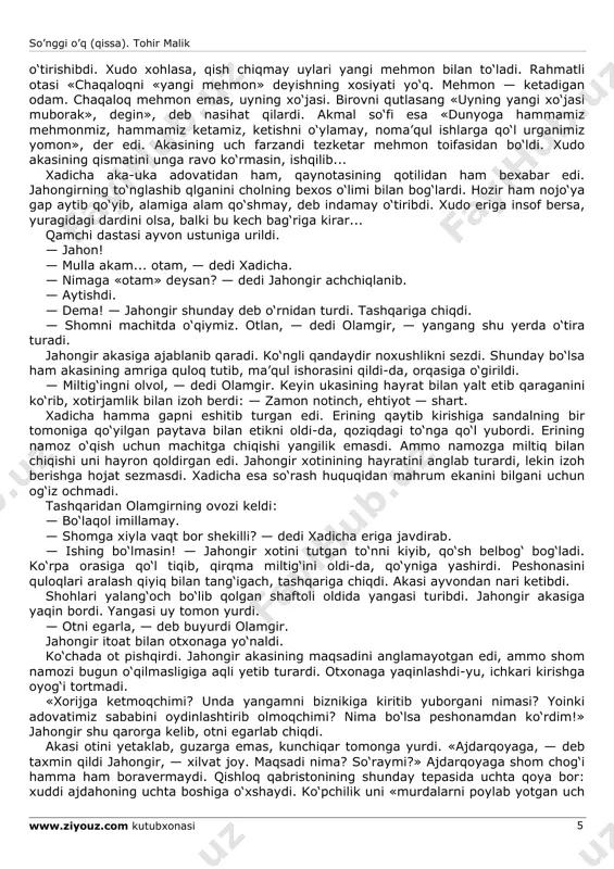 ishimiz xudoga ham yoqmadi. bo‘lmasa bitta bargning uzilishi shunchalik og‘ir ekanmi? akasining gapi jahongirni o‘ylantirib qo‘ydi: xuddi shu fikr bundan sal ilgari uning xayolini ham yoritib o‘tgan edi! xudo har ikkisining ko‘ngliga yaxshilik urug‘i sepgan bo‘lsa-chi? shukr, uni bir gunohdan qutqarib qoldi! jahongir ham miltig‘ini tushirib akasiga yaqin bordi. olamgir uning uzr so‘rashini kutgan edi. ammo jahongir akasining ko‘ziga tikilib turdi-da, «xudoga shukr qiling», degancha pastga qarab endi. olamgir ukasining izidan g‘azab bilan qarab qoldi. keyin uning orqasidan yugurib borib, yelkasidan ushlab to‘xtatdi. jahongir o‘girildi. ko‘zlar to‘qnashdi. bir-biriga o‘xshash ikki ko‘z, ikkovi ham qora, qisiqroq. ammo nur o‘xshamaydi. birining ko‘zi olazarak: joyida tek turmaydi. biriniki badanni teshib yuborguday o‘tkir boqadi. so’nggi o’q (qissa). tohir malik www.ziyouz.com kutubxonasi 4 — men akangman, ota o‘rnida otangman endi. bizni qon qaqshatgan dushmanlarimizdan o‘ch olishimiz kerak! — mening dushmanim yo‘q... otam... ham! jahongir akasining qo‘lini yelkasidan olib, yo‘liga ketdi. olamgir zax yerga o‘tirib qoldi. …