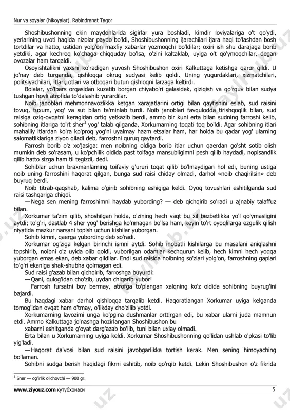 ashg'ul bo'lmadi. hech kim bilan ortiqcha inoq ham bo'lmadi; majlislarga qatnashsa ham, biror marta ikki og'iz so'zlagan emas. ko'zi zaifroq bo'lganidan, ba'zan oshnalarini tanimay qolardi, — u ko'zlarini qisib qarar, odamlar esa, buni nopisandlik nishonasi deb hisoblar edi- lar. olam dengiziga o'xshagan kalkuttaday katta shaharda kishi o'z fikrlariga berilib, tanho yashasa, bu hol unga alohida ulug'vorlik bag'ishlaydi, ammo qishloqda bu xil yurish-turishni tamom boshqacha baholaydilar. shoshibushonni ishlashga majbur etish uchun qilingan haraktlari hech qanday natija bermagach, otasi uni qishloqqa keltirib, xo'jalikka qarashib turishni topshirdi. shoshibushon qishloq aholisidan ko'pgina mazammat va ta'nalar eshitdi. buning o'ziga xos sabablari bor edi: shoshibushon osoyishtalik, tinchlikni yaxshi ko'rardi, shuning uchun uylanishni ham xohlamasdi. qizlari balog'atga yetib, o'zlari yuk bo'lib qolgan ota-onalar esa, uning uylanishga mayli yo'qligini manmanlik deb, sho'rlikning bu «aybini» sira kechirmasdilar. shoshibushonni qancha bezor qilsalar, u shuncha uydan chiqmas bo'lardi. yigit odatda burchakdagi bir xonada divanda o'tirar, atrofida inglizcha kitoblar sochilib yotardi, u …