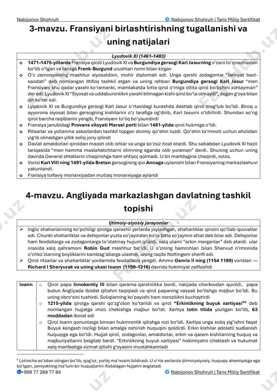 n so‘ng taxtga da’vogar erkak zurriyot qolmaydi. kapetinglar vorisi deb valualar xonadonidan bo‘lgan filipp vi qirollik taxtiga o‘tirdi. ammo inglizlar qiroli eduard iii, filipp iv ning qizidan nabirasi, o‘zini har qanday valualardan taxtga haqliroq deb e’lon qiladi. fransuz huquqshunoslari qadimiy qonunlar to‘plami – “sali haqiqati” asosida ayol tomonidan hisoblangan avlod taxtga da’vogarlik qila olmaydi, degan xulosani beradi. bu esa yevropa tarixidagi eng yirik hisoblangan yuz yillik urushga bahona bo‘ladi o fransiya qiroli 1337-yilda inglizlarning mamlakatning janubidagi akvitaniya yerlarini o‘z tasarrufiga olganini e’lon qiladi. bunga javoban eduard iii fransiyaga qarshi urush boshlaydi janglar 1340-yil inglizlar fransiya dengiz flotini 1340-yilda yengib, quruqlikda hujumga o‘tadilar kresi jangi 1346-yilda kresi yaqinida bo‘lib, unda fransiyaliklar qo‘shini mag‘lubiyatga uchraydi. urushning asosiy janglarida ritsarlar emas, dehqonlardan iborat piyoda askarlar jasorat ko‘rsatdilar. bu yuz yillik urush tarixida muhim ahamiyatga ega bo‘ldi mag’lubiyat sabablari: ➢ ritsarlarning umumiy safda turib jang qilish qobiliyatiga ega emasligi va qo‘shinda tartib-intizomning yo‘qligi edi …