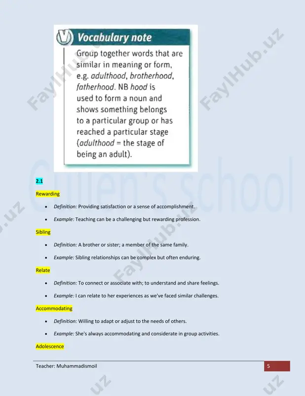 it  definition: tightly connected or bound together; having strong relationships.  example: the small community was close-knit and supportive. alike  definition: similar or having similarities.  example: the siblings looked alike, despite their age difference. ties  definition: connections or bonds between people. teacher: muhammadismoil 11  example: the family ties between generations were strong. temperament  definition: a person's natural predisposition or emotional nature.  example: his calm temperament made him well-suited for a leadership role. stubborn  definition: unwilling to change one's opinion or stance; obstinate.  example: the stubborn child refused to eat vegetables. inherited  definition: passed down from one generation to another.  example: she inherited her mother's artistic talent. enrol  definition: to register or sign up for a program or activity.  example: parents often enrol their children in extracurricular activities. the toddler  definition: a young child who is just …