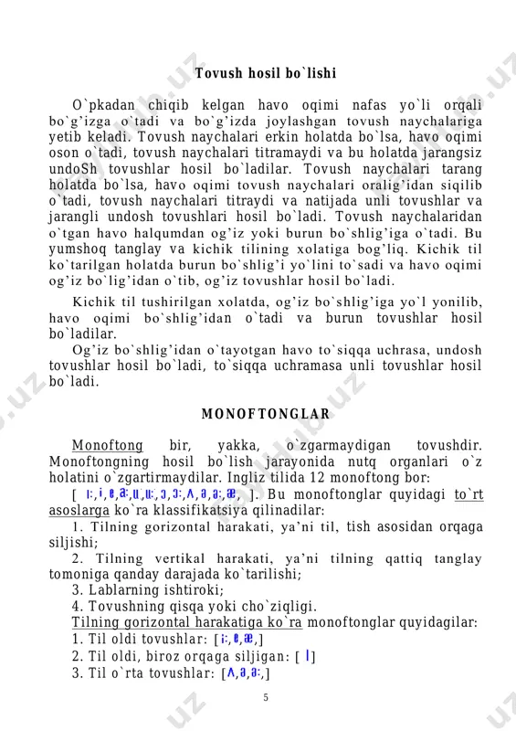 dirlar: ̀apple [ pl], ̀ table [ ̀ teibl], ̀middle [ ̀midl ], ̀ l ittle [ ̀ l itl ] quyidagi so`zlar yordamida ham talaffuz ham ikki bo`g’inli hisoblanadilar: ̀cotton [ ̀cotn], ̀ lesson [ ̀ lesn], ribbon [ ̀ ribn], open[ ̀oupn], ̀broken [ ̀broukn], ̀written[ ̀ ritn], ̀ total [ ̀ toutl], ̀ f inal [ ̀ fainl], ̀captain [ ̀k ptn], ̀london [ ̀ l ndn]. “n” va “l” xarflaridan oldin kelgan unli urg’usiz holatda to`liq reduktsiyaga uchraydi va o`qilmaydi. urg’u so`z tashkil qi lgan bo`g’inlardan biri boshqalarga nisbatan kuchliroq o`qilish urg’u deyiladi. tillar o`z urg’u qoidalarga ega bo`lib, o`zbek va rus so`zlarida urg’u ko`proq ikkinchi bo`g’inga tushadi: mak- ̀ tab, si-nf- ̀dosh, o- ̀na, ka-pa- ̀ lak, ki- ̀ tob, va- ̀ tan-par- var, va- ̀ tan, be- ̀da-na, mu- ̀so-ba-qa, tash- ̀qa-ri. ammo: ingliz tilida 85% urg’u birinchi bo`g’inga tushadi: ̀garden, ̀ table, ̀yellow, …