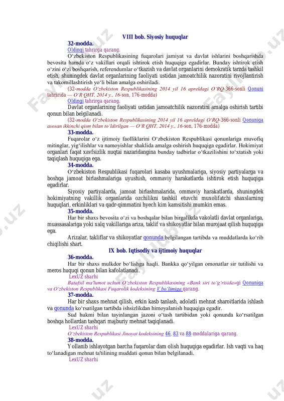 o‘z fuqarolarini huquqiy himoya qilish va ularga homiylik ko‘rsatishni kafolatlaydi. 23-modda. o‘zbekiston respublikasi hududidagi chet el fuqarolarining va fuqaroligi bo‘lmagan shaxslarning huquq va erkinliklari xalqaro huquq normalariga muvofiq ta'minlanadi. ular o‘zbekiston respublikasining konstitutsiyasi, qonunlari va xalqaro shartnomalari bilan belgilangan burchlarni ado etadilar. vii bob. shaxsiy huquq va erkinliklar 24-modda. yashash huquqi har bir insonning uzviy huquqidir. inson hayotiga suiqasd qilish eng og‘ir jinoyatdir. 25-modda. /c:/users/makabs/downloads/pages/getact.aspx?lact_id=2218996 /c:/users/makabs/downloads/pages/getact.aspx?lact_id=6300 har kim erkinlik va shaxsiy daxlsizlik huquqiga ega. hyech kim qonunga asoslanmagan holda hibsga olinishi yoki qamoqda saqlanishi mumkin emas. lexuz sharhi batafsil ma'lumot uchun o‘zbekiston respublikasi jinoyat-protsessual kodeksining 18, 242—248 va 558-moddalariga qarang. 26-modda. jinoyat sodir etganlikda ayblanayotgan har bir shaxsning ishi sudda qonuniy tartibda, oshkora ko‘rib chiqilib, uning aybi aniqlanmaguncha u aybdor hisoblanmaydi. sudda ayblanayotgan shaxsga o‘zini himoya qilish uchun barcha sharoitlar ta'minlab beriladi. hyech kim qiynoqqa solinishi, zo‘ravonlikka, shafqatsiz yoki inson qadr-qimmatini kamsituvchi boshqa tarzdagi tazyiqqa duchor etilishi mumkin emas. hyech …