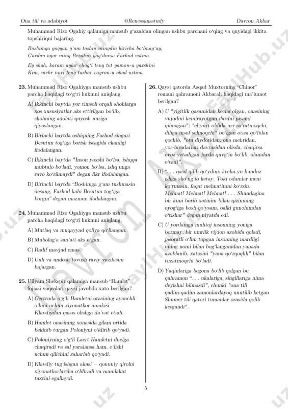 atimizning turli viloyatlarida yashayotgan, o‘z mehnati bilan yurt ravnaqiga hissa qo‘shayotgan yoshlarimizga e’tibor berish, ularni har jihatdan qo‘llab-quvvatlash bugungi kunning dolzarb masalasi sifatida e’tirof etildi. a) kelishik va ko‘makchilarsiz bog‘langan so‘z birikmasi qatnashgan. b) egalar turli turkumdagi so‘zlar bilan ifodalangan. c) hokim qismi ham, tobe qismi ham fe’l bilan ifodalangan so‘z birikmasi qatnashgan. d) tobe qismi ham, hokim qismi ham yasama so‘z bilan ifodalangan so‘z birikmasi qatnashgan. 18. tajribali insonlar hayotning qaysi bulog‘i shirin- u, qaysi bulog‘i sho‘rligini yaxshi biladilar. ushbu gapdagi so‘zlarning bog‘lanishi haqida berilgan xato hukmni aniqlang. a) ushbu gapda qismlari ko‘makchi yordamida bog‘langan so‘z birikmasi mavjud. b) ushbu gapda qismlari kelishik ko‘makchilarsiz bog‘langan so‘z birikmasi mavjud. c) ushbu gapda qismlari kelishik yordamida bog‘langan so‘z birikmasi mavjud. d) ushbu gapda ham otli, ham fe’lli so‘z birikmasi mavjud. ona tili va adabiyot @renessansstudy davron akbar 4 19. sharof boshbekovning "temir xotin" tragediyasidan olingan qaysi parchada asarning bosh g‘oyasi, muallifning …