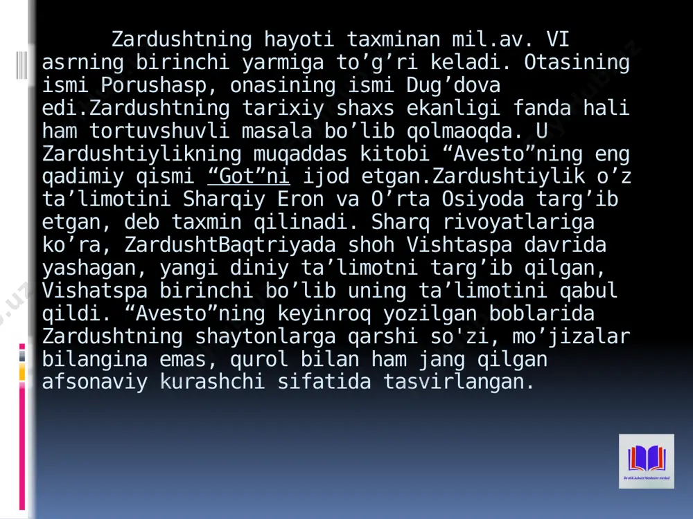 ga diqqat qilingan. har bir erkak va ayol fursatni boy bermay, o’zi to’g’ri yo’lni tanlashi, tokim hayoti pok xiradmand yor bilan o’tadishi maslahat qilingan. zardushtiylikda ko'pxotinlik qat'iy man etilgan. ayni paytda hayotni bo'ydoq o'tkazish ham qoralangan. balog'atga yetgan qiz bola ota-ona, jamoaning ra'yini pisand qilmay, o'zidan zurriyot qoldirishni istamay, qasddan turmushga chiqmay umrguzaronlik qilib yursa, u qopga solinib, 25 darra kaltaklanish bilan jazolangan; yigit zurriyot qoldirish qobiliyati bo'la turib, ataylab uylanmay yursa, uni badnom qilinish maqsadida har doim temir kamar bog'lab yurishga majbur qilingan. zardusht quyidagicha murojaat etadi:“endi men sizlarga shaxsan murojaat etaman: pandimga quloq soling va aytganlarimni xotirangizga muhrlab qo’ying. halollik bilan kun kechirish yo’lida g’ayrat va shijoatli bo’ling. har biringiz yaxshi xulqingiz bilan mehr qo’ying, tokim muqaddas er-xotinlikni xursandlik va xushbaxtlik bilan o’tkazing. ayol huquqini tahqir etmoq yomon amaldir, u nodonlik belgisidir. ey mardum, o'zgalarnng yaxshi maslahatlariga quloq tuting va ularga ravshan andisha bilan qarang. yaxshi bilan yomonni …