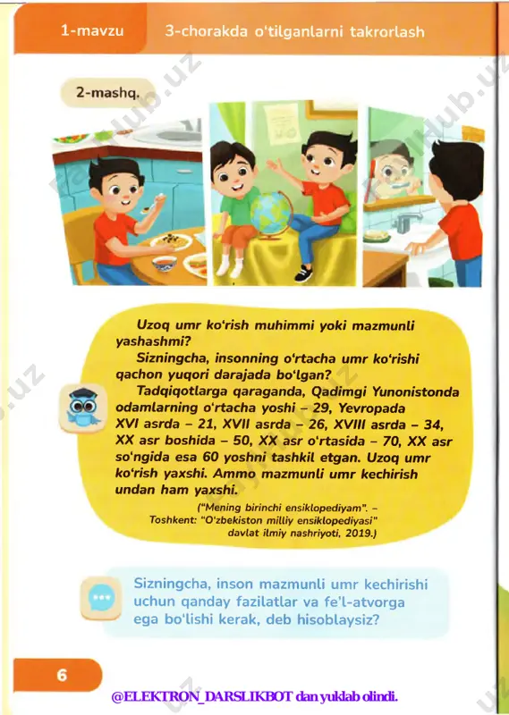 g - mening; sen + ning - sening. 14-mashq. ning ga [v] gulbarglardagi kelishik qo'shimchalarini kishilik olmoshiga qo'shib, so'zlar hosil qiling va gaplar tuzing. dan da men ni f t berilgan olmoshlarni kelishik f qo‘shimchalariga ko‘ra yozing. bosh kelishik qaratqich kelishik tushum kelishigi jo‘nalish kelishigi 0 ‘rin -pa yt kelishigi chiqish kelishigi v j meni, menda, mendan, men, mening, menga sendan, senga, senda, sen, sening, seni @elektron_darslikbot dan yuklab olindi. kishilik olmoshlarini kelishik qo'shimchalari bilan qo‘llash 4-mavzu undan, unga, unda, u, uning, uni bizdan, bizga, bizda, biz, bizning, bizni sizda, sizdan, sizni, sizga, siz, sizning ularning, ularni, ularga, ularda, ular, ulardan 15-mashq. u, ular olmoshlari qaysi so‘zlarning o‘rnida qo‘llanilgan? yozgi ta’til vaqtida men va do'stim akobir oromgohda bo'ldik. biz tabiat qo'ynida maza qilib dam oldik. akobir suzish bo‘yicha mashg'ulotga boradi. u suzish musobaqasida g'olib bo‘ldi. uning yutug'idan zavqlanib, men ham suzishga borishga ahd qildim. oromgohdan bir dunyo taassurotlar bilan qaytdik. …
