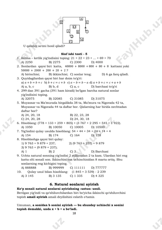 ion-bank/4th-class/mathematics/addition-and-subtraction/operation-on-numbers-addition-and-subtraction/3943 https://www.studyadda.com/question-bank/4th-class/mathematics/addition-and-subtraction/operation-on-numbers-addition-and-subtraction/3943 https://www.studyadda.com/question-bank/4th-class/mathematics/addition-and-subtraction/operation-on-numbers-addition-and-subtraction/3943 https://www.studyadda.com/question-bank/4th-class/mathematics/addition-and-subtraction/addition-and-subtraction/2642 https://www.studyadda.com/question-bank/4th-class/mathematics/addition-and-subtraction/addition-and-subtraction/2642 https://www.studyadda.com/question-bank/4th-class/mathematics/addition-and-subtraction/addition-and-subtraction/2642 https://www.studyadda.com/question-bank/4th-class/mathematics/addition-and-subtraction/addition-and-subtraction/2642 https://www.studyadda.com/question-bank/4th-class/mathematics/addition-and-subtraction/addition-and-subtraction/2642 https://www.studyadda.com/question-bank/4th-class/mathematics/addition-and-subtraction/addition-and-subtraction/2642 https://www.studyadda.com/question-bank/4th-class/mathematics/addition-and-subtraction/addition-and-subtraction/2642 https://www.studyadda.com/question-bank/4th-class/mathematics/addition-and-subtraction/addition-and-subtraction/2642 https://www.studyadda.com/question-bank/4th-class/mathematics/large-numbers/large-numbers/2640 18 u qanday so‘zni hosil qiladi? sinf ishi testi - 5 1. ketma – ketlik yig‘indisini toping: 21 + 22 + 23 + ... + 69 + 70 a) 2250 b) 2275 c) 2300 d) 4000 2. sonlardan qaysi biri katta, 40000 + 8000 + 800 + 80 + 8 kattami yoki 50000 + 2000 + 200 + 20 + 2 ? a) birinchisi; b) ikkinchisi; c) sonlar teng; d) 6 ga farq qiladi. 3. quyidagilardan qaysi biri har doim to‘g‘ri: a) 𝑎 + 𝑏 = 𝑏 + 𝑐 b) 𝑏 + 𝑐 = 𝑐 + 𝑏 c) 𝑎 − 𝑏 = 𝑏 − 𝑎 d) 𝑎 + 𝑏 + 𝑐 = 𝑐 + 𝑎 + 𝑏 a) a, b, c b) b, d c) a, c d) barchasi to‘g‘ri 4. 299 dan 391 gacha (391 ham kiradi) …