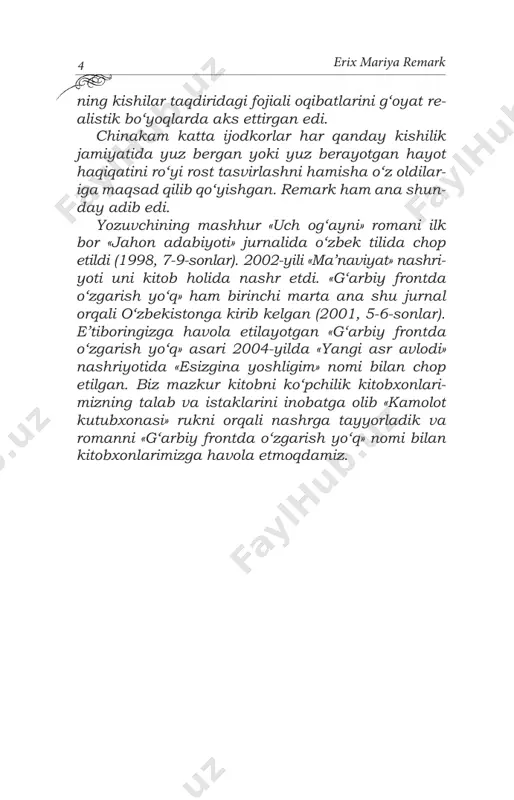 r cho‘michni qo‘liga olay demaydi. ni- manidir kutyapti. katchinskiyning toqati toq bo‘ladi: – e-e, qopqoqni ochmaysanmi, genrix?! lovi- yaning jigar-bag‘ri ezilib ketdi-ku! 8 erix mariya remark oshpaz boshi-boshi qiladi: – hamma yig‘ilsin. tyaden kulib, so‘z qotadi: – hammamiz shu yerdamiz! bu gapning ma’nosi oshpazga yetib bormaydi. – bilaman, sizlarga shu kerak-da! boshqalar qani? – bugun ular sening qo‘lingdan taom yeyishmay- di. kimlar dala shifoxonasida, kimlar yer ostida! bo‘lgan voqeani anglab, oshxona xudosi hang- mang bo‘lib qoladi: – men yuz ellik kishiga ovqat pishiruvdim-ku! kropp uning biqiniga turtadi: – demak, bir marta to‘yib tamaddi qilarkan- miz-da. qani bo‘l, suza qol! shu payt tyadenning kallasiga g‘alati fikr kelib qoladi. sichqonnikiga o‘xshagan basharasi birdan yorishadi, qisiq ko‘zlari chaqnab, yonoqlari pirpiray- di, ana shu qiyofada oshpazga yaqinlashadi: – genrix, azizim, bundan chiqdi, nonni ham yuz ellik kishiga mo‘ljallab olgansan-da? oshpaz beparvo bosh silkiydi. tyaden uning yoqasidan oladi: – kolbasani hammi? oshpaz yana pamildoriday boshini …