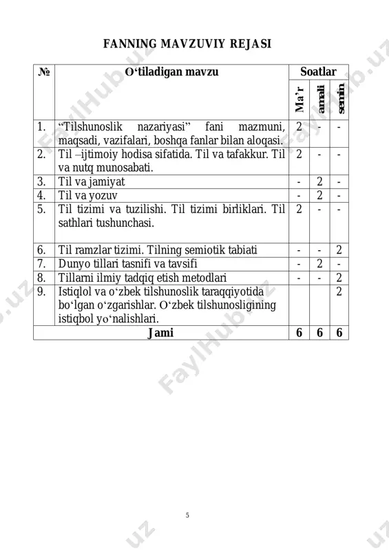 llari; keng xalq ommasi nutq madaniyatini ko‗tarish kabi muammolar bilan shug‗ullanadi. 8 b. metalingvistika. bunda tilning tafakkur bilan, gapning fikr bilan o‗zaro bog‗liqligi, farqli tomonlari, tilning mazmun tomoni, nutq faoliyati, til birliklarining matn va sharoit bilan aloqasi o‗rganiladi. 2. intralingvistika. bunda tilning ichki tizimi, uning birliklari va kategoriyalari, tilning fonologik, leksikologik va grammatik qurilishi, taraqqiyot yo‗llari o‗rganiladi. 3. komparativistika. bunda tillar qiyosiy tarzda o‗rganiladi. bu soha uchga bo‗linadi: a. qiyosiy tilshunoslik. bu soha o‗z navbatida qiyosiy- tarixiy va chog‗ishtirma tilshunoslikka bo‗linadi. qiyosiy-tarixiy tilshunoslik bir-biriga qarindosh bo‗lgan tillarni o‗rganadi. turli tizimdagi tillarni qiyosiy o‗rganish chog‗ishtirma tilshunoslik ob‘ektidir. b. areal (maydon) tilshunoslik. tilning tarqalish doirasi, tillar xaritasi, mamlakatlarni til tomondan tasvirlash areal tilshunoslik predmeti sanaladi. v. tipologik tilshunoslik. tipologiya tillarning qurilishidagi umumiy, universal holatlarni tekshiradi. bunda barcha tillar, ularning qarindosh yoki qarindosh emasligidan qat‘iy nazar o‗rganilaveradi. tilshunoslik fanining sanab o‗tilgan tarmoqlari negizida turli nazariyalar paydo bo‗lgan. 3.tilshunoslikning boshqa fanlar bilan aloqasi. til …