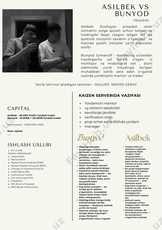 hadi: ny va london sessiyalari ustma-ust tushganda (15:00–19:00 tashkent vaqti) eng faol vaqt bo‘ladi — “power hours”. 5. profesional treyderlar shu paytda aktiv: fond bozori, forex va kripto bozorida yirik o‘yinchilar aynan ny sessiyada harakatda bo‘ladi. 6. qisqa vaqt ichida savdo qilish mumkin: bozor sust bo‘lmaydi — “scalping” va “intraday” uchun ideal. nma uchun aynan nma uchun aynan kaizenkaizen no over trade no over ris k winrate 65% d i s c i p l i n e‌ f ‌o ‌c ‌u ‌s r e s u l t‌ 01 har bir savdoda sabab bor, tavakkal emas. natijalar gapiradi, biz emas. o‘z yo‘lingizni topasiz, biz faqat yo‘l ko‘rsatamiz. 📖 to‘liq smc & ict darslari – asosdan professional darajagacha. 🧠 bozorni o‘qish – narx harakati, strukturani tushunish, trendni aniqlash. 💡 real strategiyalar – har kuni ishlatish mumkin bo‘lgan model va kirish uslublari. 📊 risk & money management – pulni himoya qilish …