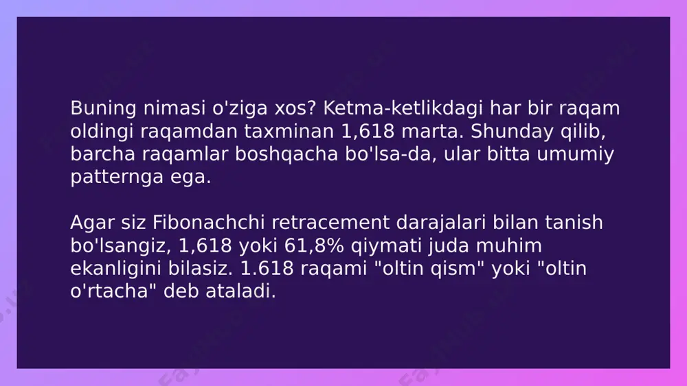 jihatdan, fibonachchi darajalari qanchalik samarali bo'lishining sababi hali ham sir bo'lib qolmoqda. biroq, texnik tahlilda biz nima uchun ishlashini bilishimiz shart emas. biz shunchaki ushbu vositadan foydalanishimiz va foyda olishimiz mumkin. shuni unutmangki, fibonachchi retracements faqat ishlaydi va narx harakati kabi boshqa savdo strategiyalari bilan birgalikda juda foydali bo'lishi mumkin. ushbu kombinatsiyaning samaradorligini ushbu vositalarning ko'plab treyderlar tomonidan keng qo'llanilishi bilan izohlash mumkin, bu esa ma'lum bir bozor reaktsiyasini keltirib chiqaradi. fibonachchi darajalari yordamida bozorning burilish nuqtalarini qanday aniqlash mumkin? aksariyat treyderlar fibonachchi darajalarini bir necha kun yoki bir necha hafta davom etadigan 1 soatlik yoki 4 soatlik grafikda tuzadilar. bundan tashqari, xuddi shu treyderlar fibonachchi kengaytmasidan faqat narxni qaytarib olgandan keyin foydalanadilar. biroq, bu bilan ular umumiy bozor kontekstini yo'qotadilar. masalan, siz o'sish tendentsiyasi paytida kunlik grafikda fibonachchi retracement darajalarini chizasiz va bir nechta darajadagi narxlarni topasiz. esda tutingki, biz fibonachchi vositasidan asosiy darajalarni topish uchun emas, balki ularni …