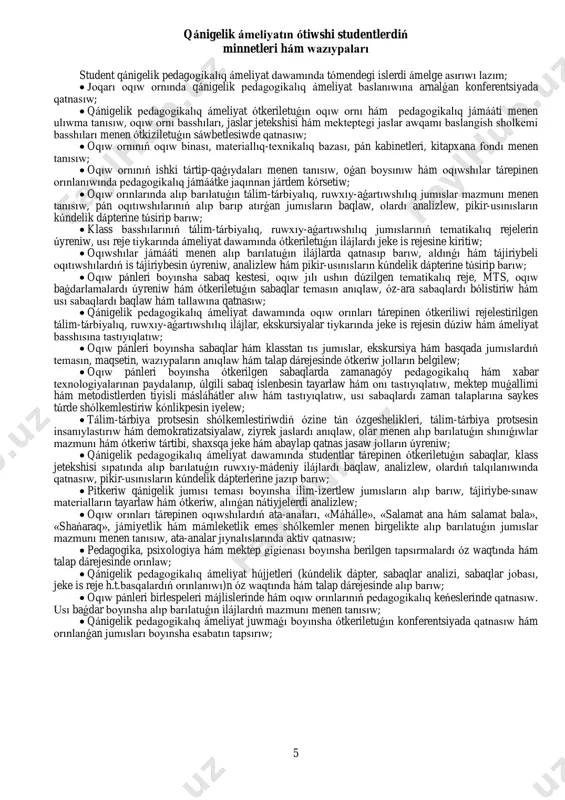 ______________________________________________________ ____________________________________________________________________________ 2. mekteptiń is qaǵazları menen tanısqanlıǵı haqqında maǵlıwmat (oqıwshılardıń jeke hujjetleri, klass jurnalı, klass basshısı hám pán muǵalliminiń isshi rejesi) __________________________________________________________________________ _______________________________________________________________________________ _______________________________________________________________________________ _______________________________________________________________________________ ___________________________________________________________ 3. belgilengen qánigelik-pedagogikalıq ámeliyat rejesinıń orınlanıwı_______________ _______________________________________________________________________________ _______________________________________________________________________________ _______________________________________________________________________________ _______________________________________________________________________________ _______________________________________________________________________________ _________________________________________________ 4. oqıtıwshı sıpatında óz xızmetine qısqasha baha beriw (sınaw sabaqları, jetiskenlikleri, kemshilikleri, paydalanǵan metod hám usılları, jańa pedagogikalıq texnologiyaların qollanıwı h.t.b.) _______________________________________________________________________ _______________________________________________________________________________ _______________________________________________________________________________ _______________________________________________________________________________ _______________________________________________________________________________ _______________________________________________________________________________ ____________________________________________________________________________ 5. klass basshısı sıpatında óz jumısına baha beriw, rejel