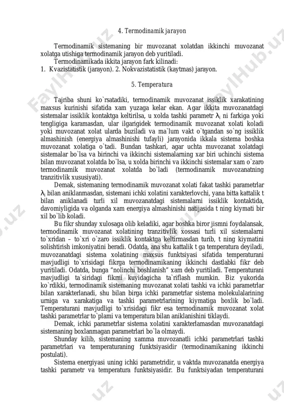 i tiklaydi. demak, ichki parametrlar sistema xolatini xarakterlamasdan muvozanatdagi sistemaning boxlanmagan parametrlari bo`la olmaydi. shunday kilib, sistemaning xamma muvozanatli ichki parametrlari tashki parametrlari va temperaturaning funktsiyasidir (termodinamikaning ikkinchi postulati). sistema energiyasi uning ichki parametridir, u vaktda muvozanatda energiya tashki parametr va temperatura funktsiyasidir. bu funktsiyadan temperaturani energiya va tashki parametri orkali ifodalab, termodinamikaning ikkinchi dastlabki fikrini kuyidagicha ta`riflash mumkin. termodinamik muvozanatdan sistemaning ichki parametrlari tashki parametrlar va energiyaning funktsiyasidir. termodinamikaning ikkinchi dastlabki fikri jism temperatura o`zgarishini, uning kaysi – bir ichki parametrini o`zgarishi bo`yicha aniklash imkonini beradi, (shunga asoslanib) turli xil termometrlarning kurilishi shunga asoslangan. praktik xolatda temperaturani aniklashda modda bilan boxlangan kandaydir anik shkala bilan foydalanishga to`xri keladi. termometrik parametr sifatida odatda, shu modda xajmi foydalaniladi, shkala uchun esa tsel`siya bo`yicha tanlanadi. temperatura kel`vin shkalasi bo`yicha xaì o`lchanadi. ttt +=+= 15,273 1 α (1.1.1) t - temperatura tsel`siy shkalasi  bo`yicha olingan α ³aæm kengayish koeffitsienti. 6. energiyani saklanish …