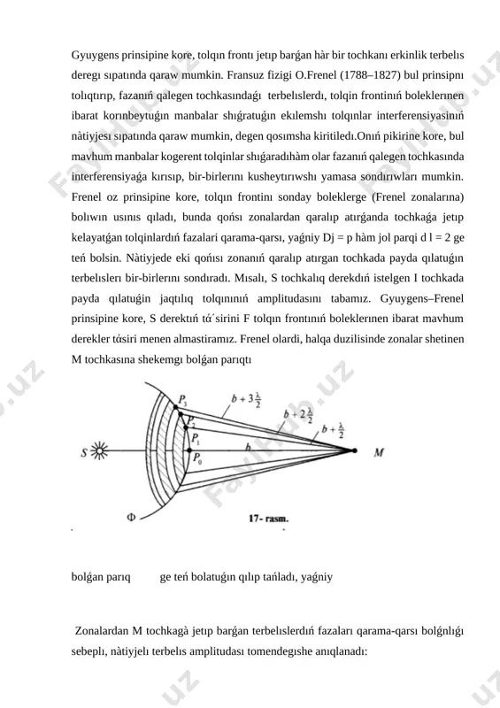 n. difraksiyadan paydalanıw. difraksiya hodisesınen pάn hάm texnikada keń paydalanıladı. mısol sıpatında difraksion reshyotka tiykarında isleytuǵın spektrograflami keltırıw mumkın. bunday qurılmalar jardeminde bolekshelerdıń tarkibi hάm sıpati haqqinda korınısge iye boliw mumkin. tiykarinan, tolqin uzunlıǵını aniqlaw zarur bolǵan spektral analizde difraksion reshyotkadan juda keń paydalanıladı. (9.6) formuladan korınıp turǵanday, jaqtılıqdıń tolqin uzunlıǵını tabıw ushın difraksiya muyeshın anıqlasaq bolǵanı. reshyotka turaqlısı d hάm bas maksimumlar tartibi malum boladı. reshyotka turaqlısı qansha kishi bolsa, bosh maksimumlar sonsha ajralǵan bolıp, tolqın uzunlıǵını sonsha aniq olshew imkonı tuwıladı. difraksion reshyotka hάmde barshe spektral asbaplar kabi ajrata alıw kushi menen xarakterlenedı. bul xarakteristika asbapdıń eki eń jaqın, hάm tolqin uzunliqlari spektral sızıqların ajrata alıw qabiliyetı menen aniqlanadi. bul spektral sızıqlar ozlerinan keń bir maksimumǵa qosilip ketmese ǵana, olardı ajratip alıw mumkin boladı. reshyotka ajrata alıw qabileyetinıń olshewı sipatında tomendegi taripden paydalanıladı. bul jerde reshyotkadaǵı shtrixlar sanı. keltirilgen tarıpden korınıp turǵanday, difraksion reshyotkanıń ajrata alıw qabılıyetı ondaǵi …