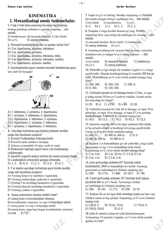 ~ innova o‘quv markazi sardor berdiyev 40. quvvat. ........................................................................................................................................................................................... 109 41. foydali ish koeffitsenti. ................................................................................................................................................................. 110 suyuqlik va gazlar mexanikasi. .................................................................................................................................... 111 42. bosim. paskal qonuni. ................................................................................................................................................................... 111 43. gidrostatik bosim. ......................................................................................................................................................................... 113 44. tutash idishlar. ............................................................................................................................................................................. 115 45. atmosfera bosimi. ......................................................................................................................................................................... 116 46. gidravlik press. ............................................................................................................................................................................. 118 47. arximed kuchi. .............................................................................................................................................................................. 119 48. suyuqliklarning naydagi harakati. bernulli qonuni. ................................................................................................................. 127 tebranish va to‘lqinlar ............