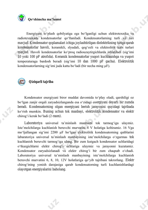 7. kondensatorlarning elektr sig’imini aniqlash. - Page 5