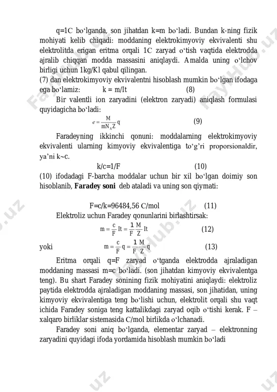 jirdagi tok kuchini taxminan 1,5 a qiymatga rostlang va shu zahoti vaqtni belgilab oling. 6. tok kuchini o‘zgartirmasdan zanjirdan 20–25 minut davomida tok o‘tib tursin va t vaqtni belgilab oling. kalitni uzing. 7. katodni eritmadan chiqarib, uni quriting va uning m2 massasini tarozida tortib o‘lchang. katodda ajralib chiqqan mis massasini δm = m2 – m1 ifodadan aniqlang. 8. (8) ifodadan foydalanib, misning k elektrokimyoviy ekvivalentini hisoblab toping. 9. tajribani takrorlang va xatoliklarni hisoblang. 10. (9) ifodadan foydalanib, bir valentli ion zaryadini aniqlang. 11. jadval tuzing va olingan natijalarni jadvalga kiriting. savollar: 1. elektr o‘tkazuvchanlik xususiyatiga ko‘ra suyuqliklar qanday guruhlarga ajratiladi? 2. elektrolit nima? elektrolitik dissotsiatsiya va rekombinatsiya jarayonlari haqida gapirib bering. 3. qanday jarayonni elektroliz deb ataladi? 4. elektrolizning texnikada qo‘llanilishiga misollar keltiring. 5. faradey qonunlarini aytib bering. elektrokimyoviy ekvivalent deb qanday kattalikka aytiladi?