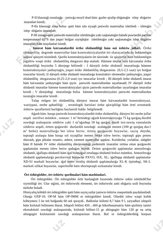 qirmanlarina ǵálle atizinan 100 m, imarat hám imaratlardan 50 m den kem boldmaǵan araliqta jaylastiriliwi zárúr. dala shiyponlari ǵálle atizlarinan , ǵaram atizlarinan 100 m uzaqlikta jaylasiwi hám átirapi 4 m den kem bolmaǵan keńlikte shúdigarlaniw kerek. mámleket órt baqlawi inspektori fermer xojaliǵi boyinsha usi misaldaǵi juúapker menen ónimdi orip jiynap aliwda isletiletuǵin texnikalardi qarawdan ótkeredi . qaraw waqtinda texnikaniń sazliǵi hám hár bir kombayin eki órt óshirgish menen, 22 m ólshemdegi kiyiz , eki shvabra hám eki bel menen , traktordi órt óshirgish hám bel menen , avtomobillerdi órt óshirgishler menen támiyinlengenligi tekseriledi . 2álle atizinda órt shiqqanda keń atiz boylap tarqaliwiniń aldin aliw maqsetinde ǵálle atizi 50 den artiq bolmaǵan uchastkalarǵa bólinip átraplarinan 8 m keńlikte ǵálle orip alinadi hám ǵállesi orilǵan jer 4 m keńlikte shúdigarlap shiǵiladi . ǵálle maydani temir jolǵa, toǵayǵa , jollarǵa , jaqin uchastkalari bolsa 2 m keńlikte shúdigar qilinadi. jiyim-terim agregatlari jaqininda …