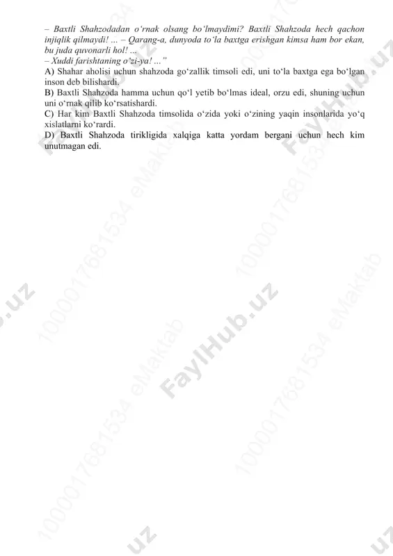 . b) “borliq nigoh bo‘lib ko‘kka tikildi” misrasi orqali muallif turnalarning kelishini butun olam katta intizorlik va umid bilan kutayotganini ifodalagan. c) ushbu she’rda shoir inson har doim kamtar bo‘lishi zarurligini uqtirib o‘tar ekan, hayotiy misol sifatida choynak va piyolani keltirib o‘tadi. d) vatan sog‘inchini aks ettirgan ushbu she’rida shoir mosh paykaldagi gala chumchuqlarni she’r o‘qishayotgan yosh shoirlarga o‘xshatadi. 14. (m – 5). berilgan she’riy parcha haqidagi to‘g‘ri mulohazalarni aniqlang. yomg‘ir yog‘ib o‘tdi, osmon yuzidan nafarmon bulutlar yig‘di etagin. oftob ham ko‘rindi ko‘hna izidan va boshlab yubordi dilbar ertagin. 1. shoir tabiat manzarasi orqali inson ruhiyatidagi poklanish, umid va hayotga bo‘lgan cheksiz muhabbatni tarannum etadi. 2. bulutlarning rangi o‘zgarib, yomg‘ir yog‘a boshlagani, shamol natijasida bulutlarning bir joyga to‘plangani shoirning naqadar sinchkov kuzatuvchi ekanligidan darak beradi. 3. she’rda yomg‘irdan keyingi tabiatning go‘zal holati shunchaki tasvir emas, balki lirik qahramonning ichki dunyosidagi ko‘tarinki kayfiyat ramzi sifatida namoyon bo‘ladi. 4. muallif quyoshni afsonaviy …