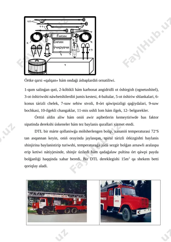 tik idislar hám buyimlardan paydalaniw, imarat hawasiniń quramindaǵi janiwshi gaz, puw hám shańlar muǵdari ruxsat etilgen dárejede saqlaw, isitiw buyimlarinan tuwri paydalaniw hám basqalar arqali ámelge asiriladi. hár qanday islep shiǵariwda órtke alip keliwshi derektiń payda boliwin aldin aliw bolsa, islep shiǵariwda órt deregin payda qilmaytuǵin mashinalar, mexanizmler hám buyimlardan paydalaniw, mashina hám mexanizmlerden paydalaniw qaǵiydalari hám rejimlerine toliq ámel qiliw, elektr statik zaryadlari hám yashinga qarsi qorǵaw qurallarinan paydalaniw, materiallar hám zatlardiń jilliliq tásirinde, ximiyaliq hám mikrobiologik usilda óz-ózinen alanganlanish sharayatlarin saplastiriw, belgilengen órtke qarsi is-ilajlardi toliq ámelge asiriw, imarat shegarasin davriy túrde tazalap turiw siyaqli is-ilajlar arqali ámelge asiriladi. órtke qarsi qorǵaw sistemasi – órt óshiriw buyimlari hám texnikalardan paydalaniw, órttiń qáwipli faktlerden qorǵawshi jeke hám jámáát qorǵaw qurallarinan paydalaniw, órt xabarin beriwshi hám órt óshiriw sistemasiniń avtomatik qurilmalarinan paydalaniw, ob`ektiniń konstruktsiyalari hám materiallarǵa órtten qorǵawshi tarkibli boyawlar menen islew beriw tútinge qarsi qorǵaw sistemalari, evakuatsiya jollari boliwin …