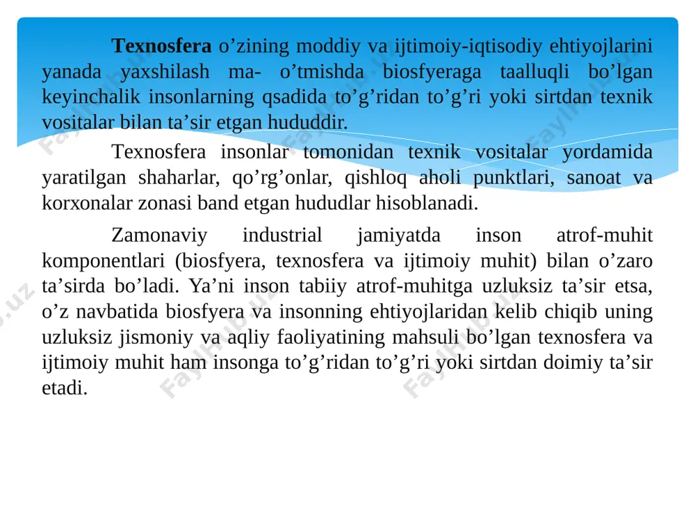asining chiqindilarini atsmosferaga, suv havzalariga tushishidan hosil bo’ladi. xavflar quyidagicha sinflanadi: 1. kelib chiqish tabiatiga ko’ra xavflar: tabiiy, texnikaviy, antropogen (inson bilan bog’liq), ekologik va boshqalarga bo'linadi; 2. maxsus standartlar bo'yicha: fizikaviy, kimyoviy, biologik va psixofiziologik; 3. salbiy oqibatlarning vaqt bo'yicha kelib chiqishiga ko'ra xavflar impulsli va kumulyativ (inson organizmida yig'iluvchi) bo'ladi; 4. olib keluvchi oqibatiga ko'ra: toliqish, kasallanish, jarohatlanish, halokat, yong'in va o'lim xavflari; 5. keltiruvchi zarariga ko'ra: ijtimoiy, texnik, ekologik; 6. yakkalashi bo'yicha: litosfera, gidrosfera, atmosfera va kosmos bilan bog’liq bo’lgan xavflar; 7. kelib chiqish sohasiga ko'ra: turmushda, sportda, yo'l transportida, ishlab chiqarishda, yuzaga keladigan xavflarga bo’linadi; 8. tuzilishiga ko’ra xavflar oddiy va hosil qilingan (oddiylarning ta'sirida hosil qilingan) bo’ladi; 9. insonga ta'sir qilish harakteriga qarab faol (aktiv) va sust (passiv) xavflar bo’ladi. 1.5. faoliyat xavfsizligini ta’minlashning ergonomik asoslari ergonomika - mehnat qonuniyatlari va ishchi jarayonlar haqidagi fandir. ergonomika tushunchasi grekcha “ish va qonun” degan so'zlardan kelib chiqqandir. …