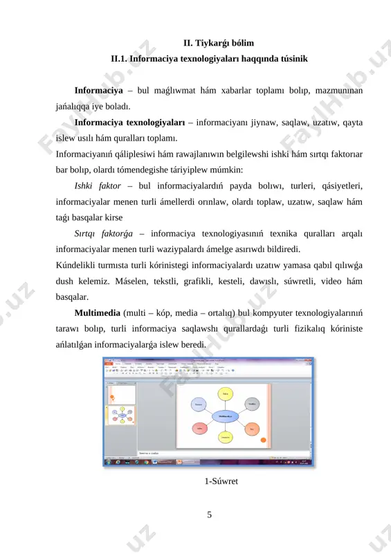ıpatında paydalanıw túsiniledi. jámiyetti informaciyalastırıw processin 5 tiykarǵı baǵdarǵa ajıratıw múmkin: 1. miynet, texnologiyalıq hám islep shıǵarıw processi baylanısların kompleks avtomatlastırıw; 2. ilimiy ashılıwlar, konstrukciyalaw hám islep shıǵarıw informaciyalaw; 3. ekonomikalıq basqarıwdı avtomatlastırıw; 4. xalıqqa xizmet kórsetiw tarawın informaciyalaw; 5. tálim hám kadrlar tayarlaw processin avtomatlastırıw ii.2. fizika páninen labaratorıya hám ámeliy shınıǵıwlarda informaciya texnologiyalarınan paydalanıw fizikanı oqıtıwdıń paydalı quralı sıpatında kompyuterdi isletiw pedagogikalıq texnologiyalardıń imkaniyatların sezilerli dárejede keńeytiredi: jeke kompyuter ensiklopediyaları, interaktiv kurslar, hár turli programmalar, virtual eksperimentler hám labaratoriya jumısları talabalardıń fizikanı úyreniwge bolǵan qızıǵıwın asırıwı múmkin.fizikanı oqıtıw pániniń ózine sáykes qásiyetlerinen kelip shıǵıp, zamanagóy texnologiyalardan paydalanıw ushın jaqsı ortalıq esaplanadı.fizika sabaqlarında informaciya texnologiyaların qollawdıń tiykarǵı baǵdarlarınan biri, kompyuterde fizika labaratoriya tájiriybesin ótkeriw. fizika sabaqlarında kórgizbe eksperimentisiz bunı ámelge asırıw múmkin emes. talaba programmalıq támiynat menen islewdiń paydalılıǵı sonda, iskerliktiń bul turi izertlew hám ijodiy iskerlikti qoshametleydi hám talabalardıń bilim qızıǵıwların rawajlandıradı. programmalar haqıyqıy asbap-úskeneler járdeminde labaratoriya mashǵulatlarına …