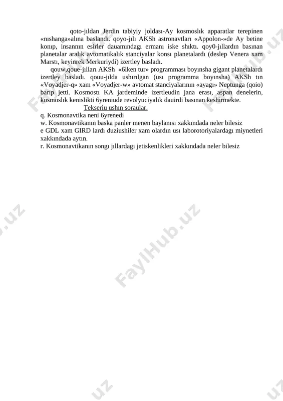 apparatlardı konstruciyalau,tayarlau xam ushırıudı amelge asırıu processinde kollanıladı. ulıuma alganda, kosmonavtikaga tiyisili birde izertleudi esap-kitapsız amelge asırıp bolmaydı. akırgı jıllarda kosmonavtika onlap biologiyalık eksperimentlerdi rejelestirdi xam amelge asırdı. t6rli kosmoslık sharayatlarda (vakuum, salmaksızlık,radiaciya xam bamskalar) insan organizmindegi 5zgerisler boyınsha juzlep mediko-biologiyalık eksperimentler, olardın tasirlerinen insaniyattı xabar kıldı. koplep texnika ilimlerinin tajiriybesi kosmonavtikada kennen kollanıladı. !sirese kosmonavtikanın rauajlanıuıuında aviacion texnika jenisleri ken kollanıladı. zamanagoy kosmik texnikanı iske tusiriu, t6rli taraularda isleytugın juzlep alımlar, ijener-texnik xızmetkerlerdin jumısların ulıumalastırıu tiykarında amelge asırıldı. kıskasha tariyxıy ocherk. kosmonavtikanın atası, onın ilimiy tiykarın salıushı sıpatında kalugalı k. e. ciolkovskiy tan alıngan. ol birinshi marte, raketa xareketi tezligi formulasın keltirip shıgargan alım bolıp esaplanadı. k. e. ciolkovskiy birinshilerden bolıp jer tartıu maydanında raketa xareketinin sap-kitabın islep, raketalardı kosmoslık tezliklerge eristiriu imkaniyatı bar eknligin tiykarladı. bul tezlikler jerdeminde raketa jer tartıu k6shin jenip, onın jasalma joldası orbitasına koterile alıuın, eteki ayga xam planetalar aralık sayaxatka jol alıu mumkinshiliklerin …