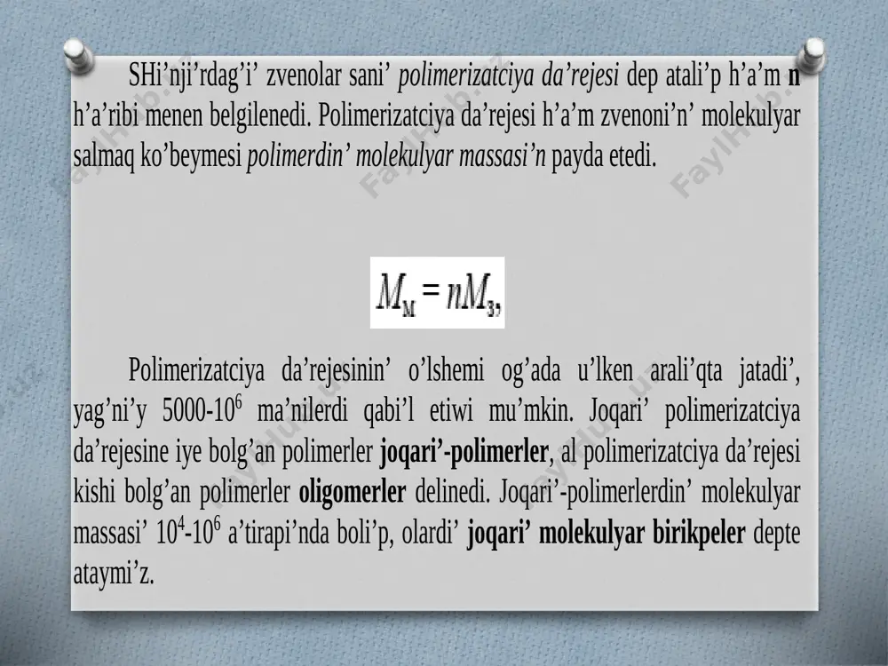 o r i ’ n a l m a s a t u g ’ i ’ n sh i ’ n j i ’ r k e s i n d i s i n e sh i ’ n j i ’ r d i ’ n ’ s e g m e n t i d e p a y t i ’ l a d i ’ . image12.emf p o limerlerdin’ klassifikatciyasi’ p o limerler kelip shi’g’i’wi’na qaray o ti’ri’p u’sh gruppag’a bo’linedi : ta’biyg’i’y , jasalma h’a’m sintetikali’q b o li’p . ta’biyg’i ’y p o limerler o’simlik h’a’m h’aywanatlardi’n’ tirishiliginin’ na’tiyjesinde payda b o li’p , ag’ashta , ju’nde , teride b o ladi’ . ta’biyg’i’y p o limerlerge mi’sal retinde pr o tein , tcell yu l o za , krahmal , shellak , lignin , latekslerdi ayta alami’z . jasalma p …