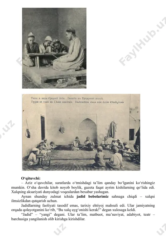 ta’lim, matbuot, ma’naviyat, adabiyot, teatr – barchasiga yangilanish olib kirishga kirishdilar. o‘qituvchi doskaga yozadi. jadidlarning asosiy maqsadlari: • xalqni jaholatdan chiqarish; • maktablarni yangilash; • matematika, geografiya, tarix kabi fanlarni joriy qilish; • ona tilida dars berishni yo‘lga qo‘yish; • ayollarni o‘qitish, jamiyatga qo‘shish; • xalqni gazeta-jurnallar orqali bo‘layotgan voqealardan ogoh qilish. “usuli jadid” – ta’limdagi buyuk inqilob edi! eski maktablarda bola harf tanish uchun yillar sarflar edi. jadidlar esa ta’limni tezkor, tushunarli, zamonaviy qildilar. “usuli jadid” – bir necha oyda savod chiqaradigan usul edi. bu o‘sha davr uchun haqiqiy inqilob bo‘lgan! usuli jadid maktablarining o‘ziga xosligi: • faollik, interaktivlik, tushunarlilik; • darsliklar ona tilida yozildi; • bolalar yodlash emas, fikrlashga o‘rgatildi; • o‘quv jarayoni tezlashdi. kelinglar, endi sizlar bilan bir o‘yin o‘ynaymiz. interaktiv o‘yin: “gazeta kimga tegadi?” maqsad: savodning ahamiyatini his qildirish, o‘zaro raqobat orqali darsga jalb qilish. o‘tkazilishi: o‘qituvchi 6-7 ta kartochkaga mini-xabarlar (gazeta yangiliklari) yozadi. masalan: “bugun …