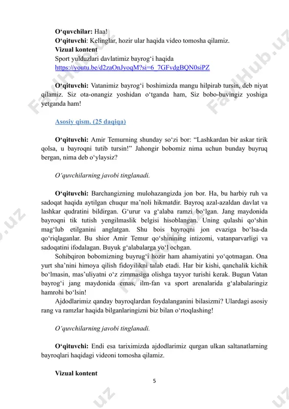 arning tasnifiga ko‘ra, turkiylar kamida 16 ta yirik imperiya qurgan. mana, hozirgina ularning asosiy ramzlari bilan tanishib chiqdik. shuni ham unutmangki, qadimda bir davlat yoki sulola turli xil bayroqlardan foydalangan hollar ham kuzatilgan. taqdimotda ularning asosiylari ko‘rsatildi. turkiy saltanatlar sharqdan g‘arbga qadar ulkan madaniyat, boy til va chuqur ma’noli ramzlar qoldirgan. bizning vatanimiz o‘zbekiston mana shu tarixiy merosning vorisi hisoblanadi. shunday ekan, bugungi bayrog‘imizda buyuk bobolarimiz tuzgan davlatlarning ramzlari aks etishi tabiiy. endi sizlar bilan “bayroqlar mozaikasi” o‘yinini o‘ynaymiz. avval besh guruhga bo‘linib olaylik. guruhlarimizni bayroqdagi ramz va ranglar bilan “ko‘k”, “qizil”, “oq”, “yashil” hamda “oy va yulduzlar” deb nomlaymiz. har bir guruh o‘z nomidagi rang yoki ramzni qadimiy bayroqlarimizdan topib, klaster diagrammasiga joylashtiradi. 5 daqiqa vaqt beriladi. qani, boshladik! o‘quvchilar guruhlarga bo‘linib, klaster diagrammasini yaratadi (1-rasm). masalan, “ko‘k” guruhi bayrog‘ida shu rangdan foydalangan davlatlarni aylanalar ichiga “ko‘k turk xoqonligi”, “xazar xoqonligi”, “saljuqiylar imperiyasi”, “temuriylar imperiyasi”, “turkiston muxtoriyati” deb yozadi. …