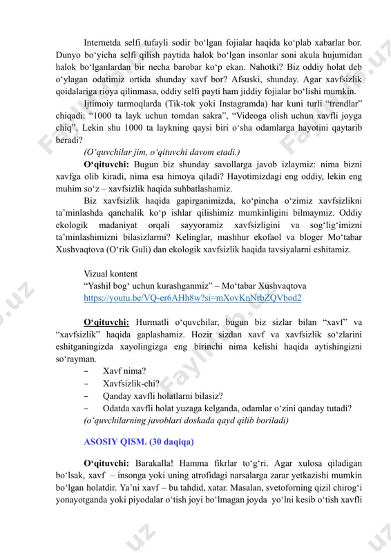 da oʻz ishini bajaradi. masalan, yoʻl harakati qoidalariga amal qilish, maishiy texnikalaridan foydalanayotganda texnika xavfsizligiga rioya qilsa – xavfsizlikka erishilgan boʻladi. bugungi hayotimizda xavf-xatarlar juda koʻp. ilgarigi zamonlarda yirtqich hayvonlarga yem boʻlish, ilon chaqishi kabi xavflar koʻp boʻlgan boʻlsa, hozirgi kunda odamlarga avtomobil gʻildiragi ostida qolish, toʻgʻri saqlanmagan doridan zaharlanish kabi holatlar xavfli holatga olib keladi. yurtimizda aholi xavfsizligini taʼminlash uchun bir qator ishlar amalga oshirilyapti. davlatimiz rahbari shavkat mirziyoyev tashabbusi bilan “xavfsiz shahar” va “xavfsiz taʼlim muassasasi” kabi muhim dasturlar yoʻlga qoʻyilgan. ushbu loyihalar asosida shahar va tumanlarda videokuzatuv kameralari oʻrnatilmoqda, favqulodda holatlar yuz berganda tezkor axborot almashish va javob berish tizimlari tashkil etilgan. bu ishlar orqali jinoyatlarning oldini olish, yoʻllarda xavfsiz harakat qilish, maktab va bogʻchalarda bolalar hayotini himoyalash boʻyicha katta natijalarga erishilyapti. bu islohotlarning asosiy maqsadi – xalqimizning tinch, erkin va xavfsiz hayot kechirishiga zamin yaratishdir. bu nafaqat jinoyatlarga qarshi kurash, balki har bir fuqaroning hayoti, sogʻligʻi …