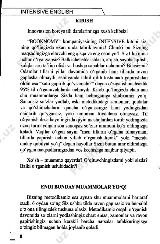 “ £ s!” savol javoblardagi gaplar va taijimalarni kuzatishga bemalol ulgura oladigan darajaga yetib kelasiz, bizga esa aynan shu kerak, siz eshitish, o‘qish, gapirish qobilyatingizni rivojlantiribgina qolmay, intellektual tezligingizni oshirasiz. “ ushbu qismda siz ^ lin in g asosi ushbu qisqa, ammo eng muhim bo‘g‘ini ekanligini tushunasiz. siz ^j--^ i ^ d a savol javoblami turli zamonlarda tuzishni o‘rgangan bo‘lsangiz ushbu qismdagi hikoyalar yordamida matnlar tuzishni o‘rganasiz. sizda qanday qilib? degan savol tug‘ilishi tabiiy albatta. keling sizga kengroq tushuncha beramiz! ya’ni 4 :^ ° ! a|jflda bir hikoya uch xil zamonda berilgan va bir hikoyani uch xil zamonda o‘qib chiqsangiz strukturalardagi o‘zgarishlar yaqqol ko‘rinadi va siz qaysi zamonni qaysi paytda qanday holatlarda nutqda qo‘llashni juda ham sodda, ammo samarali usulda o‘rganib olasiz. mustaqil o‘quv qo‘llanma 6 oyga mo‘ljallangan. har bir “case” oyga mo‘ljallanganbo‘lib har bir “case” da har biri eng kamida 1 haftaga mo‘ljallangan 4 ta dars mavjud. har bir …