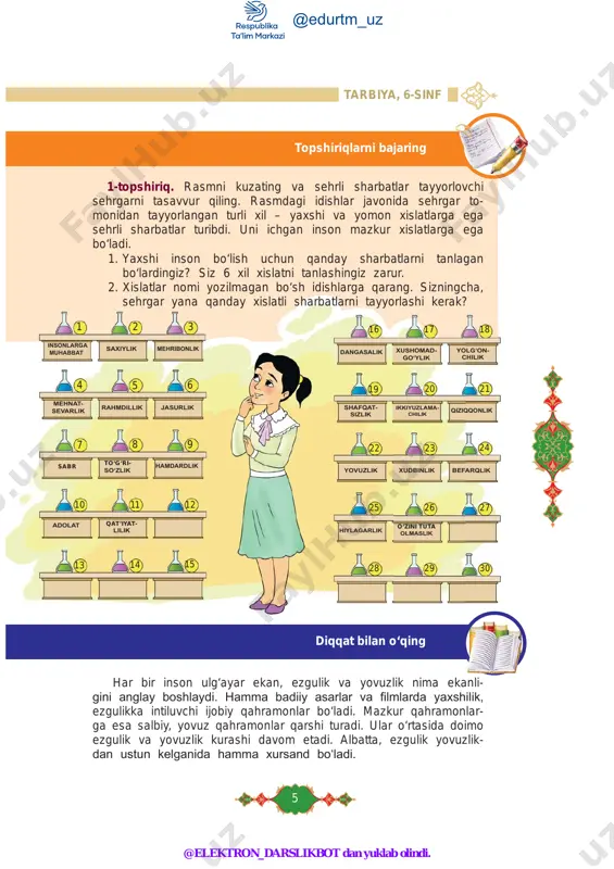 ot dan yuklab olindi. 8 i bob. men insonman insonlar sizni aldashlarini, gapingizni tinglamasliklarini, sizga mayman!” bo‘lsa, unda siz ham insonlarga quyidagicha munosabat- da bo‘ling: • doim gapingizni salom bilan boshlab, minnatdorchilik bilan tu- gating; • do‘stlaringizga bergan va’dangizni bajaring; • sinfdoshlaringizning orqasidan yomon gaplar gapirmang; • sinfdoshlaringizni masxara qilib, ustidan kulmang; ayamang; • insonlarga doim tabassum bilan murojaat qiling. maslahatlar savollarga javob bering insonlarda yaxshi taassurot qoldirish va samimiy munosabat o‘rnatish uchun ular bilan qanday muloqot qilish kerak? @edurtm_uz @elektron_darslikbot dan yuklab olindi. 9 tarbiya, 6-sinf lat va ruhiy poklik haqida ko‘p bilimga egasiz. siz odamlar halol bo‘lishi va qunt bilan ishlashi, dangasa bo‘lmasligi, yomon ishlar qilmasligi va boshqalarni hurmat qilishi haqida gapirasiz. bularning hammasini bir so‘z bilan qanday atagan bo‘lardingiz?” o‘zaro birdamlik deyiladi va quyidagi ma’noni anglatadi: o‘zingga qanday munosabatda bo‘lishlarini xoh lasang, o‘zgalar bilan ham shunday munosabatda bo‘l”, – debdi. o‘zingizni ko‘zgu ning oldida turgandek tasavvur qiling. …
