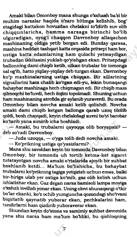 diki, bu qishloqning bolalari o'taketgan sho'x bolalar ekan. ayniqsa, hu, ro'paradagi mo'risidan buralib-buralib tutun chiqib turgan hovlida yashaydigan mahmud olako'z degan bola hammasidan ham qizigl ekan. oygan yili omonboy bilan davronboylarning shaftolisini ayni pishganida, bitta qoymay tagiga tolcib ketibdi, katakdagi tuxumlardan ham hech kimga bildirmay, tez-tez olib turarkan. xullas, mana shu boladan juda ehtiyot bolish kerak ekan... ikkinchi bob aka-ukalarga g*oyat mas'uuyatu top8hiriq berilganligi haqida bu bobning voqealari, ochig'ini aytsam, mashinaning signalini chalishdan boshlanib ketdi. omonboy sekin- sekin chajib, har chalganida signalning yoqimli ovozidan zavqlanib, maza qilganidan boshlarini silkitib kulayotgan edi, uning yonida o ‘tirgan davronboy to'satdan shunaqangi qattiq chalib joabordiki, mashinaning soyasida otirib, ketma-ket sigareta chekib, oÿ surayotgan shofyor amaki ikki qoli bilan quloglni berkitib: — hoy, bolakaylar, quloglmni teshib qo'ydilaring-ku! — dedi. — ajab boldi! — dedi omon akasiga tanbeh berib. davronboy ham ukasiga o'xshab mashinaning kabinasida maza qilayotgandi: oyoglni likillatib otirish, uzoq-uzoqlarga ko‘z tashlash, kattakon rulni u …