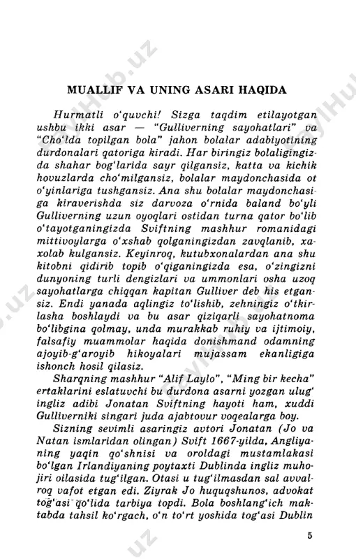 n yordam so'radi. adib o'zining o'tkir maqola va hajviyalari bilan yevropadagi urushning xalq ommasiga juda katta zarar keltirayotganligini isbotlab, keng jamoatchilikni sulh uchun kurashga da’vat etdi. yozuvchi, publitsist svift torilar tomonidan turib, ger­ sog malboroning jinoiy ishlarini, urush bahonasida davlat pulini o'g'irlab, boyib ketganligini fosh etuvchi bir turhum maqolalar yozib, viglarga qaqshatqich zarba berdi. shunday qilib, 1711-yilda gersog 8 malboroning bosh qo‘mondonlikdan olib tashlanishi- ga, torilarning davlat tepasiga kelishiga, 1713-yilda angliya bilan fransiya o'rtasida tarixiy utrekt sulhi tuzilishiga jonatan svift hal etuvchi ta’sir ho'rsatdi. atoqli jamoat arbobi bo'lishiga qaramay, svift kambag' alchilikda yashadi. uning londondagi faqirona uyiga ministrlar va boshqa arboblar masla- hat so'rab kelib turishardi. u, torilarning “ekzaminer” gazetasiga jamoatchilik asosda (haq olmasdan) muharrirlik qilar, qirolicha va ministr- larning nutqlarini yozishib, tahrir qilib berar edi. “ svift angliyada yashagan yillar, — deb yozadi adibning eng iqtidorli biograflaridan biri a. g. inger, — viglar va torilar partiyatari o'rtasidagi kurash avj …