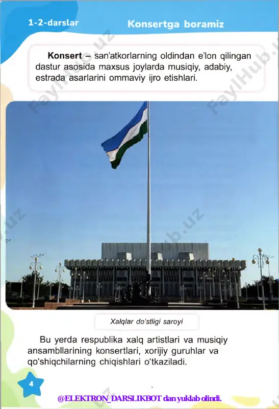 aste - jit takoy sudboyu. la-la-la-la-la la-la-la-la-la-la-la-la la-la-la-la-la la-la-la-la-la-la-la-la la-la-la la-la-la-la, e-e-e-e-e. @elektron_darslikbot dan yuklab olindi. “bremen mashshoqlari” (“bremenskie muzikanti”) qo‘shig‘i sizda qanday kayfiyat uyg'otdi? ushbu qo'shiqni tinglaganingizda nimani tasavvur qildingiz? bu qo‘shiq qanday ovozda kuylangan? @elektron_darslikbot dan yuklab olindi. 12-13-darslar ovoz ovoz - ovoz a’zolari yordamida chiqariladigan, balandligi, kuchi va tembri har xil bo'lgan tovush. har bir odamning ovozi har xil. biz qulog‘imiz orqali ayollar, erkaklar va bolalar ovozini osongina ajrata olamiz. erkaklar ovozi tenor, bariton, bas tenor - erkak xonandalarning baland pardali ovozi. luchano pavarotti - italyan opera xonandasi, tenor. @elektron_darslikbot dan yuklab olindi. bas - erkak xonandalarning 1 eng past pardali ovozi. bariton - erkak xonandalarning yo‘g ‘onligi jihatidan bas bilan tenor oralig'ida bo'lgan ovozi. jenisbek piyazov - o'zbek va qoraqalpoq opera xonandasi, bas. ayollar ovozi soprano, metso-soprano, kontralto @elektron_darslikbot dan yuklab olindi. soprano - ayol xonandalarning eng yuqori pardali ovozi. monserrat kabale - ispan opera xonandasi, …