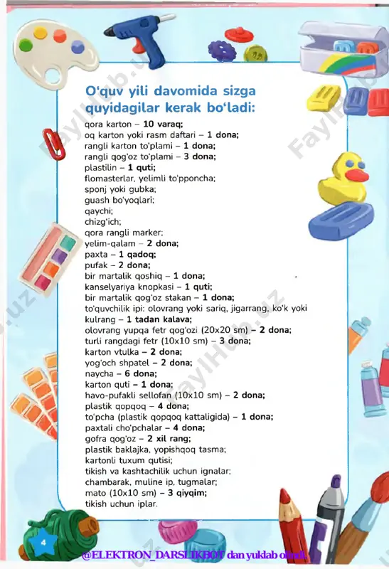 b qolmaydi. plastilinni nafaqat bolalar, balki kattalar ham hajmli rasmlar va multfilmlar yaratishda qo'llaydilar. plastilin bilan ishlashning qanday muhim qoidalarini bilasiz? kamalak go'zal tabiat hodisalaridan biri bo'lib, bunda yomg‘ir tomchilari orqali o‘tib sinadigan nur rang-barang chiziqlardan iborat tasma hosil qiladi. quyosh nurlari suv tomchilarida spektrning yetti rangiga bo'linadi. bular: qizil, sabzirang, sariq, yashil, havorang, ko‘k, siyohrang. bu ranglarning tartibi hech qachon o‘zgarmaydi. bir vaqtning o'zida ham yomg‘ir yog‘ib, ham quyosh nur sochib tursa, kamalak paydo bo'ladi. ba’zan favvorada ham kamalakni ko'rish mumkin. kamalakni ko‘rish uchun siz quyoshga orqa o‘girib turishingiz kerak. @elektron_darslikbot dan yuklab olindi. plastilin 6-dars maktabi /e @elektron_darslikbot dan yuklab olindi. sher qr-kodni skanerlang @elektron_darslikbot dan yuklab olindi. plastilin 7-dars kiyik qr-kodni skanerlang lis m @elektron_darslikbot dan yuklab olindi. 8-dars plastilin toshbaqa qr-kodni skanerlang @elektron_darslikbot dan yuklab olindi. plastilin qr-kodni skanerlang0 ‘rcjakcha 0shsh * @elektron_darslikbot dan yuklab olindi. 9-dars kompozitsiya yasaymiz g kapalak qurti qr-kodni skanerlang kapalak qurti …
