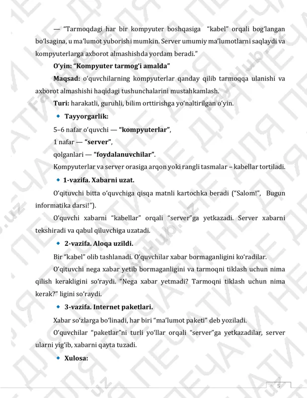 lar orqali qanday xabar berilganini aniqlashga harakat qiling. muhokama: turli xil kodlar va ularning tushunishga oson yoki qiyin jihatlarini solishtiring. 9 vazifa №2. smayliklar va ularning maʼnolari oʻrtasidagi moslikni toping. axborotni kodlash mavzusida oʻyin va mashgʻulotlar maqsad: oʻquvchilarni axborotni turli usullar bilan uzatish — soʻz, ishora va signallar orqali yetkazish usullari bilan tanishtirish. eʼtibor, kuzatuvchanlik va jamoada ishlash koʻnikmalarini rivojlantirish. davomiyligi: 7 daqiqa oʻyinning borishi 1. kirish qismi (1 daqiqa) oʻqituvchi : “axborotni faqat soʻz bilan emas, boshqa usullarda ham uzatish mumkin. karlar va chechanlar ishoralar tili orqali muloqot qiladilar, dengizchilar va radistlar esa morze alifbosi signallari orqali xabar uzatadilar. bugun biz ham soʻzsiz xabar uzatib koʻramiz!” doskada rasmlar: 10 • ishora tilidagi salomlashish va minnatdorlik belgilari; • morze alifbosidagi nuqta va chiziqlar. 2. bosqich 1. “soʻzsiz uzat” (2 daqiqa) vazifa: ishora, mimika va harakatlar orqali soʻzni ifodalash, guruh uni topishi kerak. namuna soʻzlar: maktab, quyosh, kitob, yomgʻir, mushuk, kamalak. …