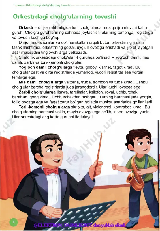 ’lumki, musiqa yozish uchun beshta chiziqda, ya’ni nota yo'liga joylashgan notalar va kalitlardan foydalaniladi. har bir notaning nota yo'lida o‘z o‘rni bo'lib, bu esa musiqa kalitini belgilaydi. eng keng tarqalgan kalitlar bu - skripka va bas kalitlaridir. skripka kalitida o‘rta va yuqori registrlardagi notalar yozilsa, bas kalitida pastki registrdagi notalar yoziladi. asar yozishda nota yo'lining boshiga kalit yoziladi. skripka kaliti birinchi oktavaning ikkinchi chizig'iga joylashgan “sol” notasini ko‘rsatadi, bas kaliti esa kichik oktavaning to‘rtinchi chizig'iga joylashgan “fa” notasini ko'rsatadi. shuning uchun bu kalitlar “sol” va “fa” kalitlari deb ham ataladi. notalarga nom bering. buning uchun “sol” kalit va “fa” kalitda yozilgan notalardan foydalaning. o @elektron_darslikbot dan yuklab olindi. 3-mavzu: musiqada kalitlar simfonik orkestr- bu torii, damli va zarbli cholg‘ular ijrochilaridan iborat katta jamoa. dirijor bunday katta jamoani boshqarishi oson bo'lishi uchun ijrochilar sahnada guruhlarga bo'linib joylashadilar. orkestr ijro etadigan musiqa partiturada yoziladi va u orkestr uchun musiqa asarining nota yozuvi …