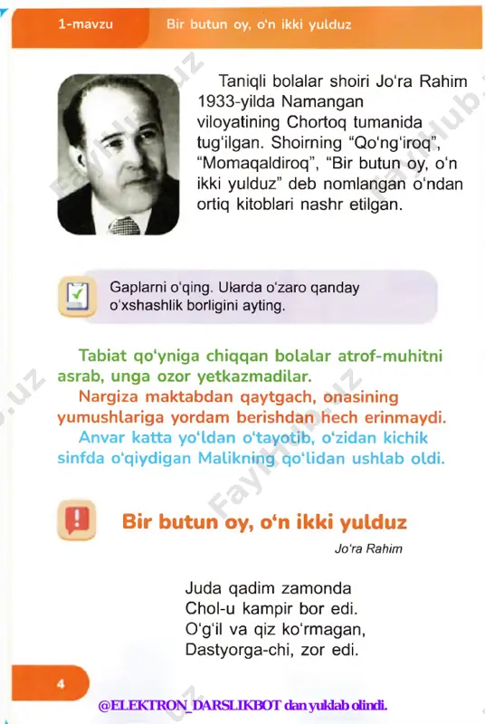 y parvarish qilishni esa qalbingiz o'rgatadi, faqat siz unga quloq solsangiz bo‘ldi. ishni orqaga surmay, hozirdan boshlayvering. - to‘g‘ri, lekin men ularni qayerga ekishni va qanday parvarish qilishni bilmayman-ku! @elektron_darslikbot dan yuklab olindi. bo'lim yuzasidan takrorlash 7-mavzu gapimga quloq solib, gap qaytarmay tura tur. bir butun qatlamadan yarmini o‘zing yebsan. nega hech tan olmaysan, sira yemadim deysan? “shaxmat taxtasi” mashqi. shifrlangan so‘zlarni toping. shaxmat doskasidan foydalanib, yashiringan so‘zlarni toping. ular qaysi mavzularga mos kelishini ayting. 5 ©000 4 00o0 30 0 © 0 2 @ 0 @ © 1. a2, b3, e1, b4, d5, a4, e2, b2 2. a3, d2, b4, b5, e5, e2, b2 3. e2, a3, e2, e4, b5 4 . a2, b5, b4, e4, d4, d5, b1 0 0 0 ® 5. a2, b5, d1, a1, b5, b2, a v d3, e2, d1. bolimdan olgan ma’lumotlaringizga tayanib, insoniy faziiatlar haqida hikoya tuzing. @elektron_darslikbot dan yuklab olindi. @elektron_darslikbot …