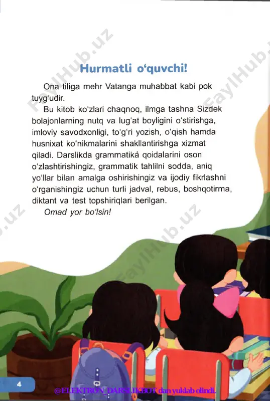 oblarni qo'yib, gaplarni ko'chiring. (kim?) o ‘quvchilarni o'qitadi. (nima?) yerni kuchli qizdirdi. (kim?) ariqdan sakrab o‘tdi. (nima?) insonni xorlikdan qutqaradi. foydalanish uchun so'zlar: zebo, quyosh, o ‘qituvchi, hunar. f t 15-mashq, ko'chiring. har bir gapning egasini aniqlab, tagiga chizing. 1. do‘st boshga kulfat tushganda yordam beradi. 2. mehnat kishini uluglaydi. 3. anvar ingliz tilini o'rganyapti. 4. men kelajakda o'qituvchi bolishni xohlayman. 5. karim hisob-kitobni yaxshi uddalaydi. 16-mashq. quyidagi aralash berilgan so'zlardan gaplar tuzing. gapda so'zlarni qanday tartibda qo‘yish to‘g‘ri bo'ladi? 1. uchinchi, o'qiydi, nortoy, sinfda. 2. sinfning, u, a’lochi, o ‘quvchisidir. 3. o'qituvchi, so‘radi, nortoydan. 4. sen, bo'lmoqchisan, kim, kelajakda? w 5. nortoy, fermer, aytdi, bolmoqchi ekanini. @elektron_darslikbot dan yuklab olindi. gapda kesimning qo'llanilishi 5-mavzu gapda kesimning qo‘llanilishi 17-mashq. “saxiy ayiqpolvon” rasmli hikoyasini o ‘qing. kesimlarni topib, ularga so‘roq bering. hikoyadagi kesimlarni ajratib yozing. o'rmondan ini $§& ga toldirib, qaytayotgan edi. u biroz charchadi va o ‘rmondagi o'tirib dam olmoqchi …