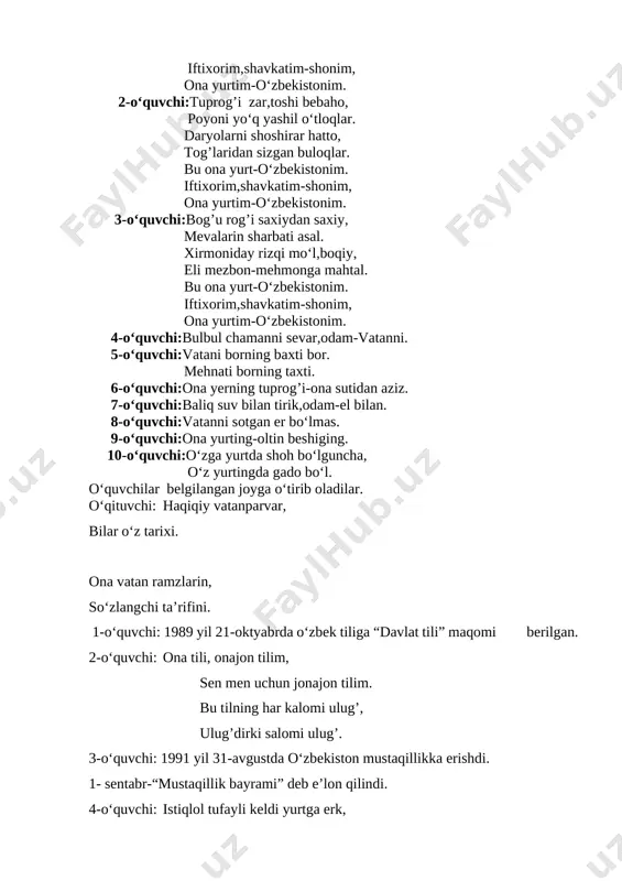 asi konstitutsiyasi kitobini ko‘targan). 1992 yil 8-dekabarda o‘zbekiston respublikasi konstitutsiyasi qabul qilingan. 8-dekabr-konstitutsiya kuni. baxtimiz qomusi erur bu xujjat, unda mujassamdir haq-huquqimiz. huquqni bilaylik, lekin avvalo, unutmaylik fuqarolik burchimiz. o‘quvchi: 1992 yil 10-dekabrda o‘zbekiston respublikasi davlat madhiyasiga ega bo‘lgan. istagan mavzuingizda ochiq dars taqdimotlar tayyorlab beramiz murojaat uchun telefon 97-845-09-09 telegram @secret_0909 istagan mavzuingizda ochiq dars taqdimotlar tayyorlab beramiz murojaat uchun telefon 97-845-09-09 telegram @secret_0909 istagan mavzuingizda ochiq dars taqdimotlar tayyorlab beramiz murojaat uchun telefon 97-845-09-09 telegram @secret_0909 istagan mavzuingizda ochiq dars taqdimotlar tayyorlab beramiz murojaat uchun telefon 97-845-09-09 telegram @secret_0909 istagan mavzuingizda ochiq dars taqdimotlar tayyorlab beramiz murojaat uchun telefon 97-845-09-09 telegram @secret_0909 istagan mavzuingizda ochiq dars taqdimotlar tayyorlab beramiz murojaat uchun telefon 97-845-09-09 telegram @secret_0909 istagan mavzuingizda ochiq dars taqdimotlar tayyorlab beramiz murojaat uchun telefon 97-845-09-09 telegram @secret_0909 istagan mavzuingizda ochiq dars taqdimotlar tayyorlab beramiz murojaat uchun telefon 97-845-09-09 telegram @secret_0909 image1.jpeg image2.png image3.png