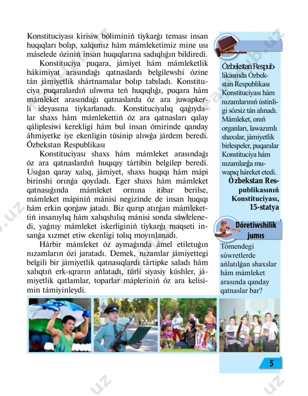 háreket etiw er- kinligi hám imkaniyatların keńeytedi. nızamda qadaǵan etilmegen hárqanday is-háreketlerdi islew múmkin boladı hám bunıń ushın yuridikalıq juwapkershilik kelip shıqpaydı. ekinshi principtiń mánisi sonda, bunda mám- leketlik organlar hám lawazımlı shaxslar ózleriniń nızamda belgilengen tolıq huqıqlıǵı sheńberinde, olarǵa anıq sáykes túrde háreket etiwi tiyis boladı. ózbekstan – suverenli demokratiyalıq respublika. mámlekettiń «ózbekstan res- publikası» hám «ózbekstan» degen atamaları teń mánili. ózbekstan respublikasınıń konstituciyası, 1-statya ashıwıń kel- gende sózlerińe dıqqat et... úlkenlerden al- dın júrme. birew sóylep atırǵanda qosılıp sóyleme. luqmoni hakim 7 konstituciyalıq mámlekette hákimiyattıń dú- ziliwi hám xızmet júrgiziwi konstituciyada bek- kemlep qoyıladı. konstituciyada názerde tutıl- maǵan hákimiyat organların dúziw múmkin emes. konstituciyalıq mámleket, eń dáslep, mámlekettiń huqıq penen bekkem baylanıslıǵı bolıp tabıladı. konstituciya insan hám puqaranıń sol háki- miyat tárepinen kepillik berilgen huqıqların bek- kemlewdi hám mine usı huqıqlarǵa múnásip túrde mámleketlik hákimiyattı shekleydi. basqasha aytqanda, konstituciya — mámleketlik hákimiyattı dúziw hám xızmet júrgiziwshi huqıqıy rásmiyles- …