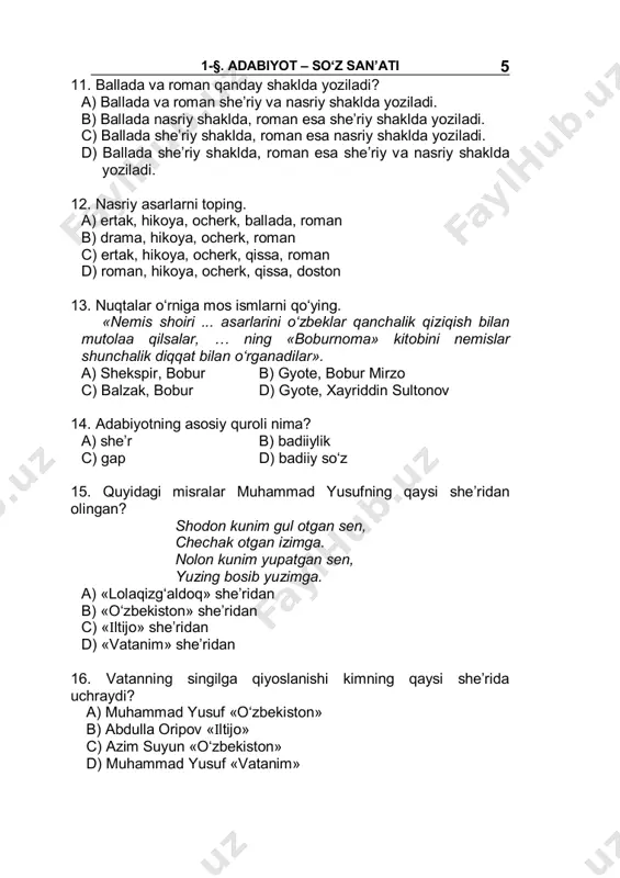 lim, ustoz c) ilm, ustoz d) ilm, maktab 17. topishmoqlar mumtoz adabiyotda qanday nomlangan? a) jumboq b) tarjeband c) matal d) chiston 18. maqolni davom ettiring. «kishining hurmati ... ». a) mehnati bilan b) qilgan ishi bilan c) hunari bilan d) o‘z qo‘lida 19. har bir xalqning og‘zaki ijodi o‘sha xalqning fe’l-atvori, ruhiyati, urf-odat va an’analari, orzu-intilishlari, geografik sharoiti va tabiatini aks ettiruvchi o‘ziga xos ko‘zguni aniqlang. a) musiqa b) haykaltaroshlik c) xalq og‘zaki ijodi d) maqol va matallar 20. nuqtalar o‘rniga mos so‘zlarni qo‘ying. adabiyotshunoslar fikricha: «… – insoniyatga tengdosh eng qadimiy san’at». a) maqol va topishmoqlar b) musiqa san’ati c) xalq og‘zaki ijodi d) she’riyat 21. «chiston» qanday ma’nolarni anglatadi. 1) topishmoq; 2) jumboq; 3) masal; 4) savol-javob. a) 1, 2 b) 1, 2, 3 c) 1, 2, 4 d) 1, 2, 4 22. og‘zaki so‘z san’ati qanday atamalar bilan ifodalanadi? a) folklor, lirika b) xalq donoligi, xalq …